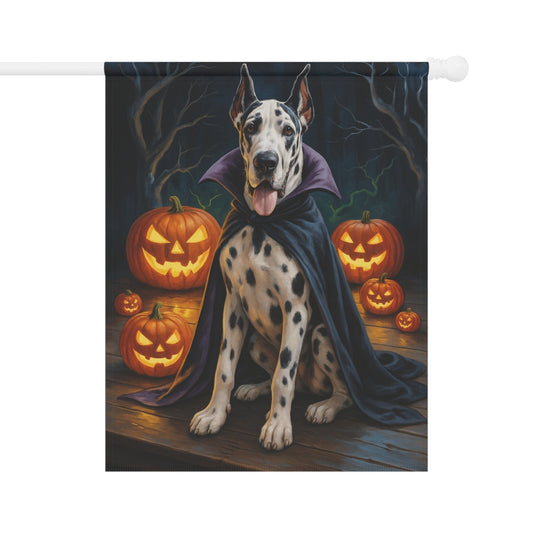 Printify Home Decor 24.5'' × 32'' Yard Flag, Halloween Harlequin Great Dane Dog, Vampire Pumpkins Decor, Garden House Banner, Outdoor Halloween Fall Art, October Yard Art