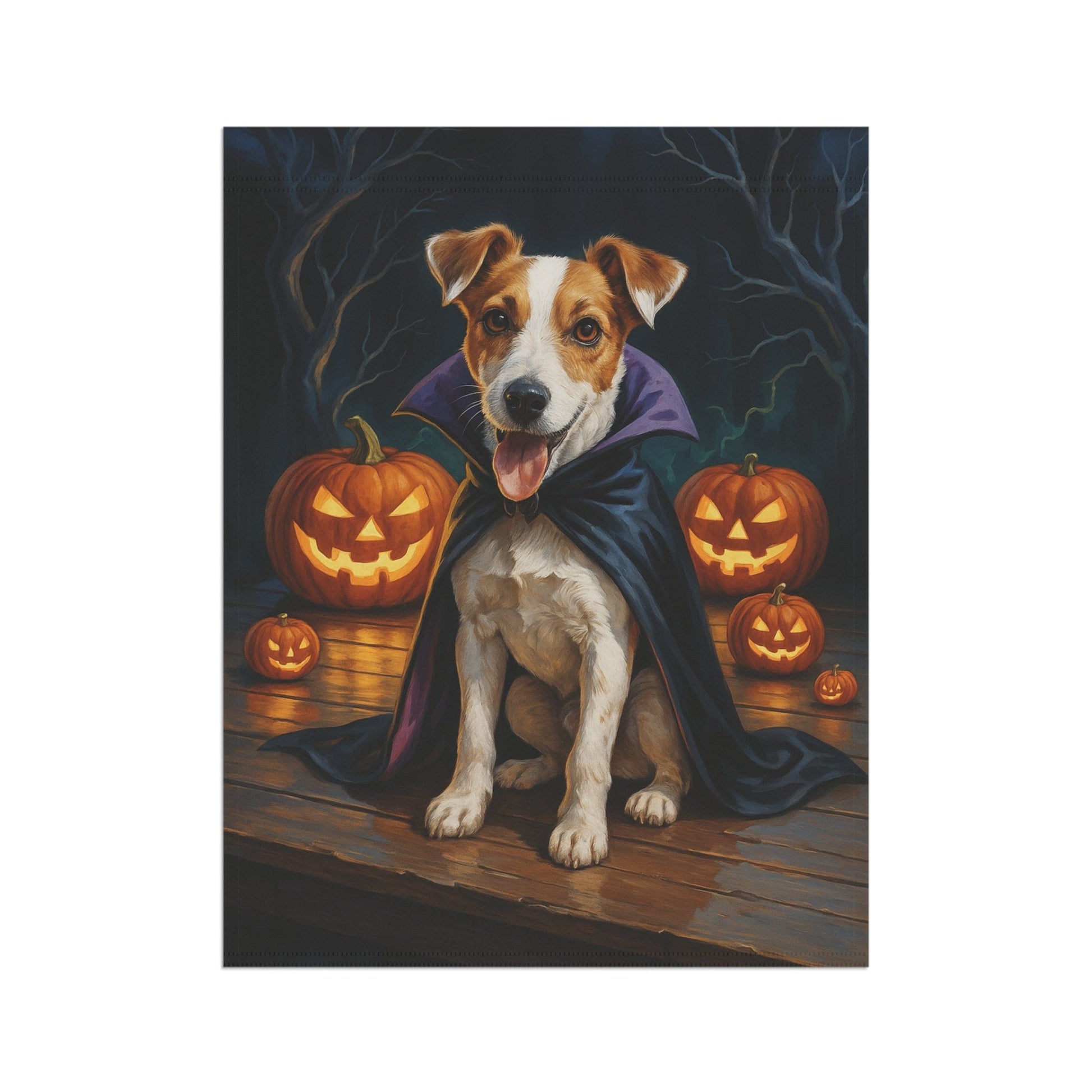 Printify Home Decor Yard Flag, Halloween Jack Russell Terrier Dog, Vampire Pumpkins Decor, Garden Banner