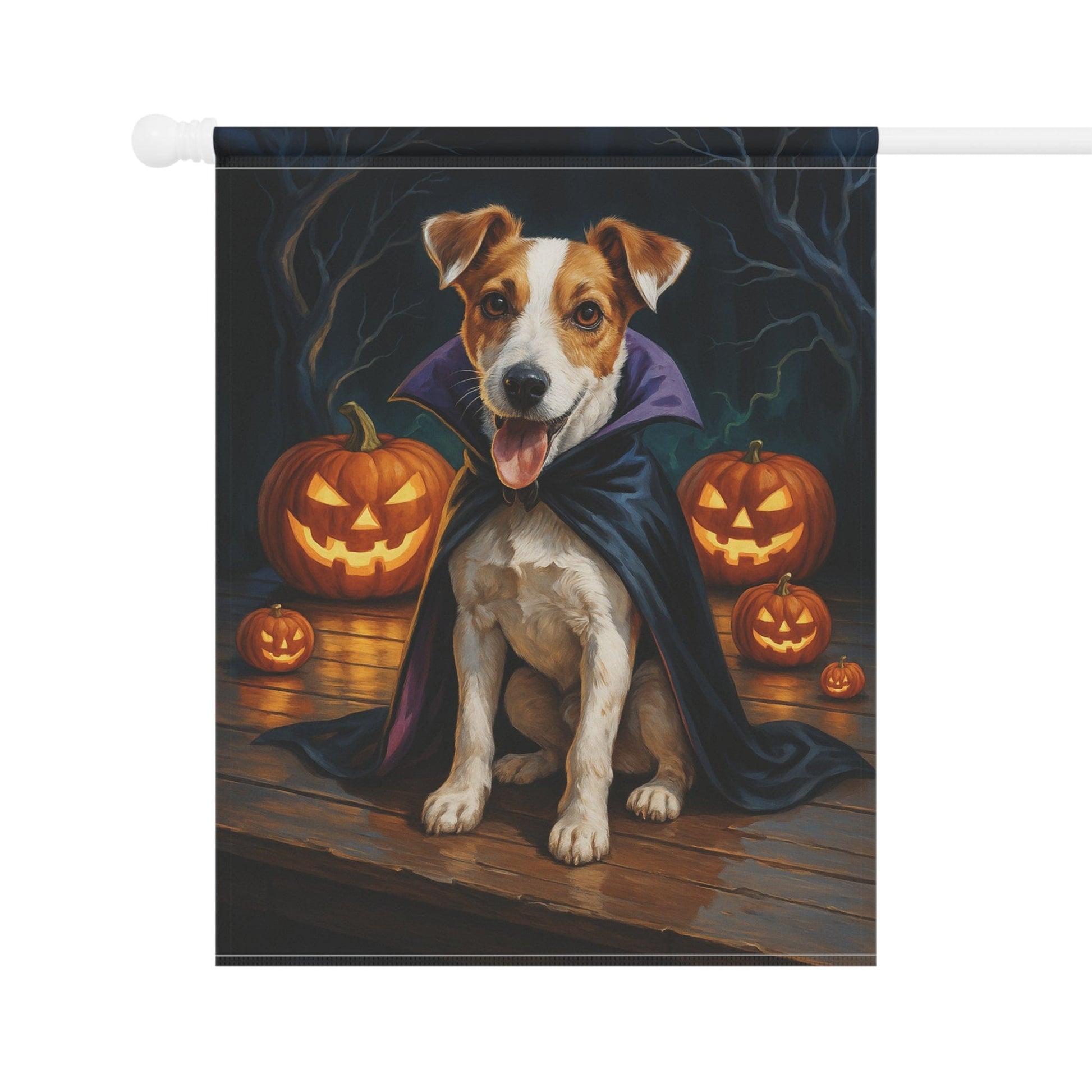 Printify Home Decor Yard Flag, Halloween Jack Russell Terrier Dog, Vampire Pumpkins Decor, Garden Banner