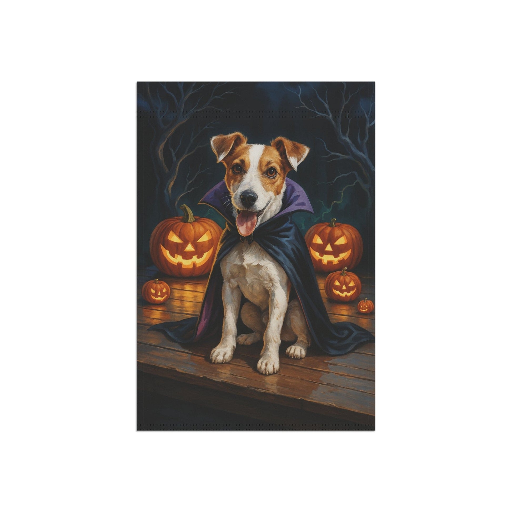 Printify Home Decor Yard Flag, Halloween Jack Russell Terrier Dog, Vampire Pumpkins Decor, Garden Banner