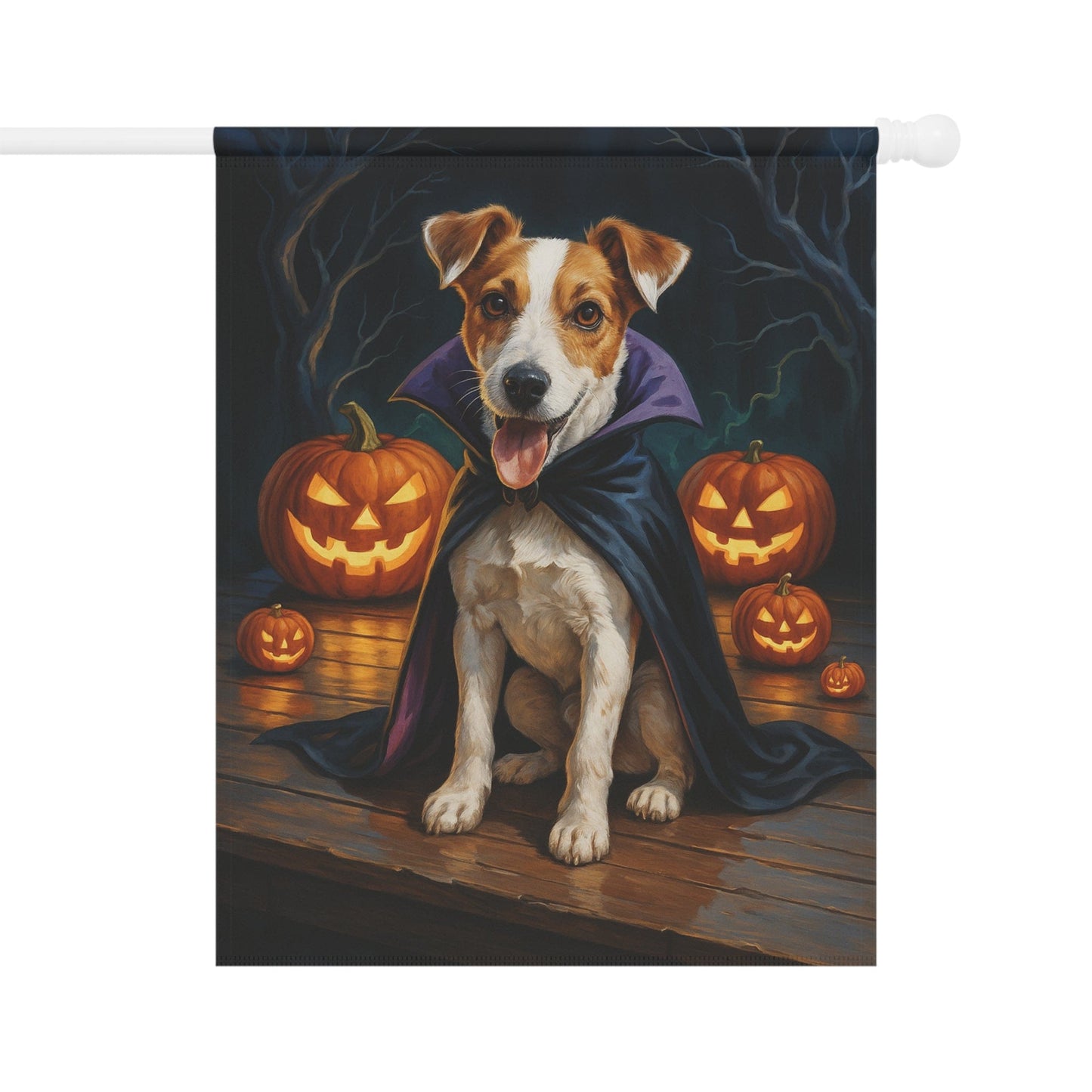 Printify Home Decor 24.5'' × 32'' Yard Flag, Halloween Jack Russell Terrier Dog, Vampire Pumpkins Decor, Garden Banner