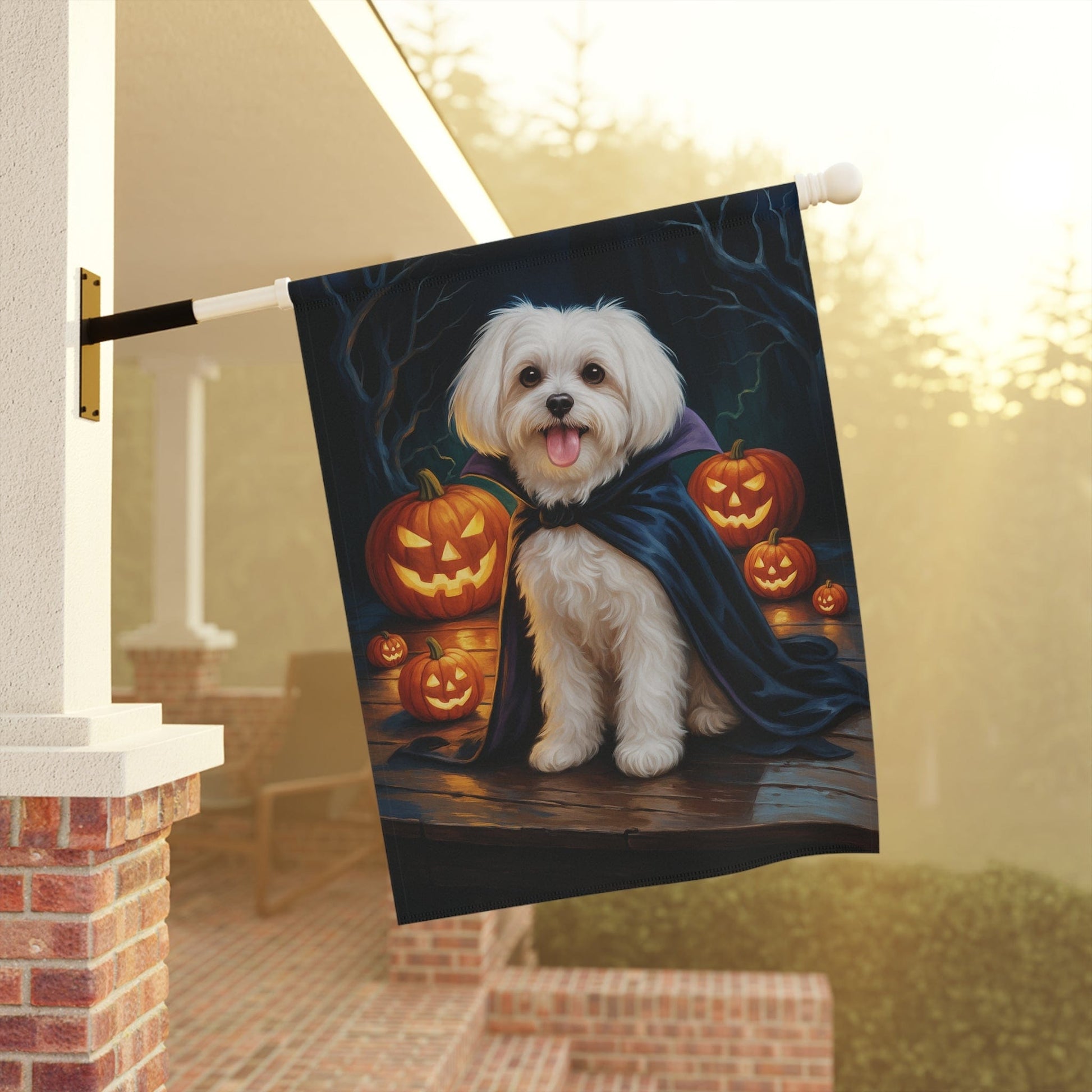 Printify Home Decor Yard Flag, Halloween Maltese Dog, Vampire Pumpkins Decor, Garden House Banner