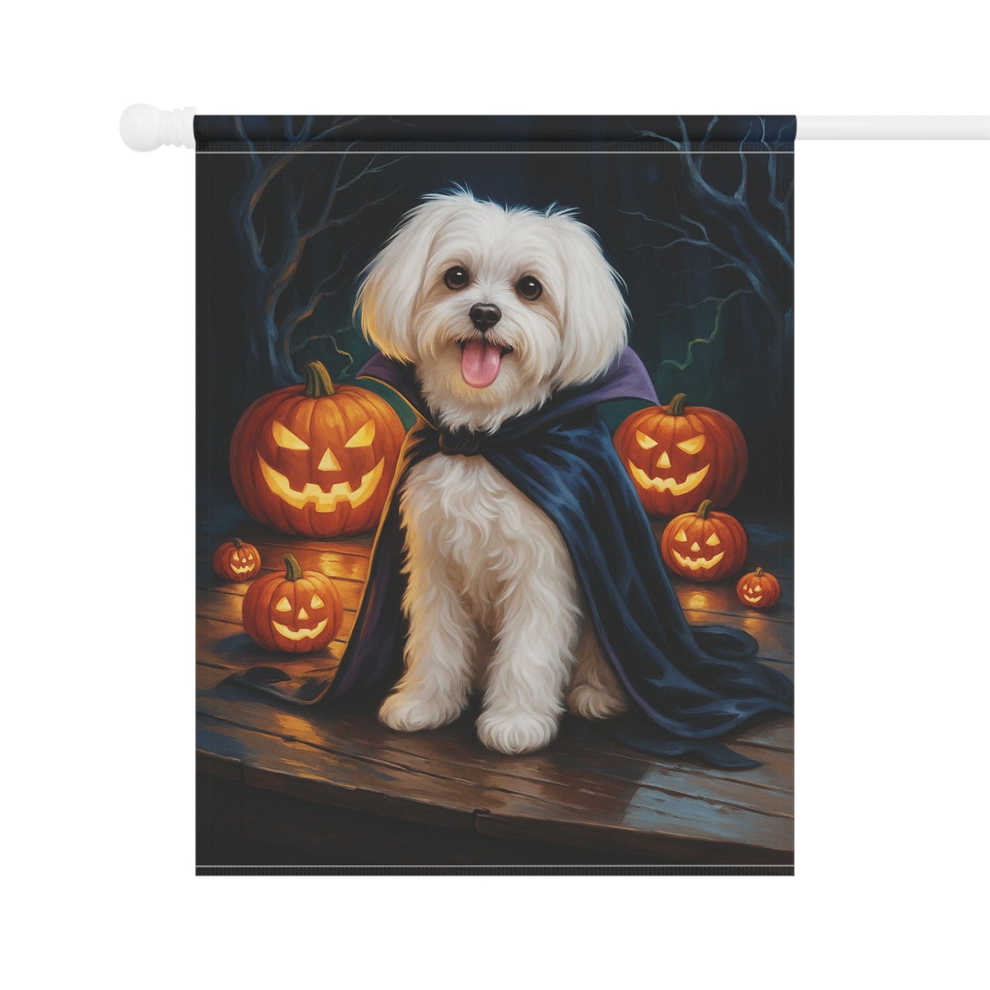 Printify Home Decor Yard Flag, Halloween Maltese Dog, Vampire Pumpkins Decor, Garden House Banner