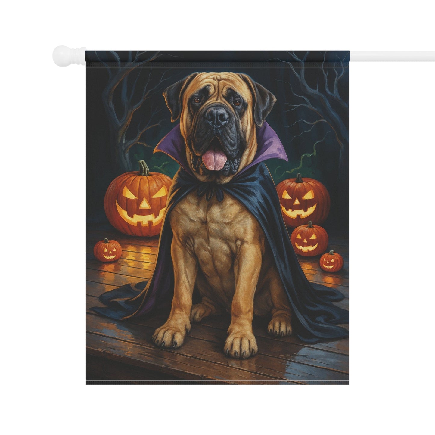 Printify Home Decor Yard Flag, Halloween Mastiff Dog, Vampire Pumpkins Decor, Garden House Banner