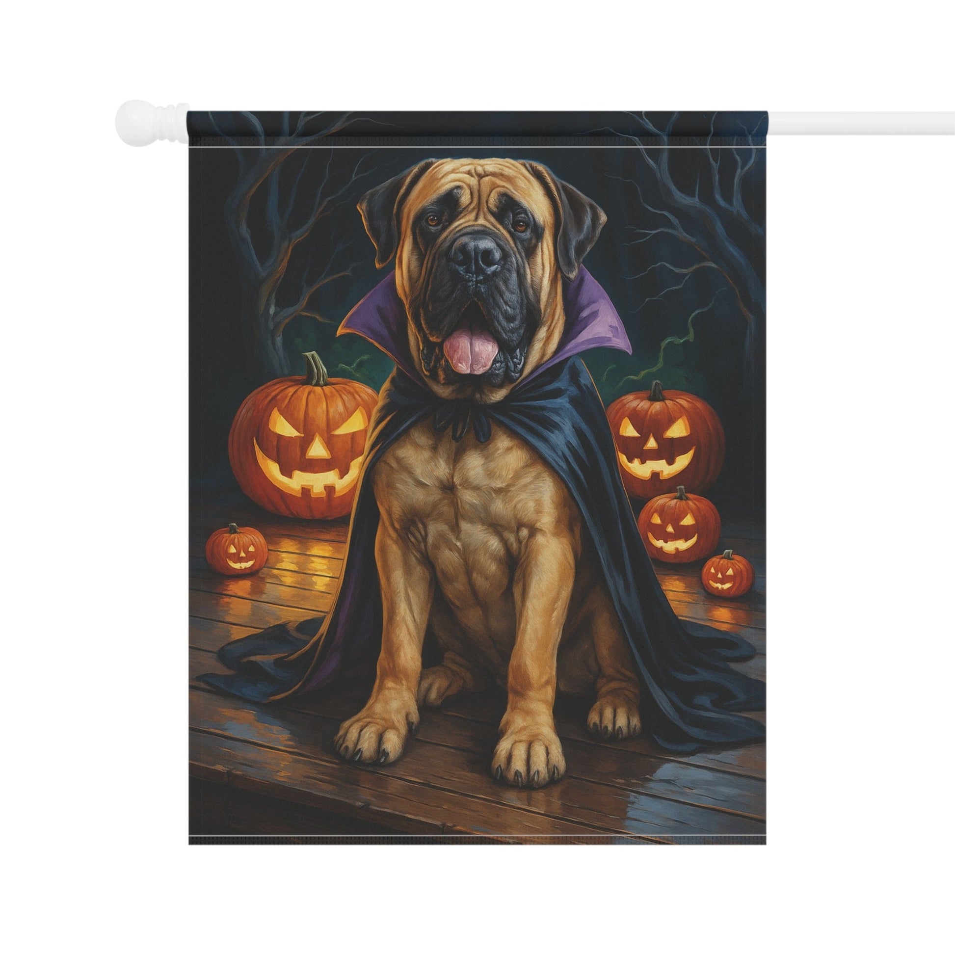 Printify Home Decor Yard Flag, Halloween Mastiff Dog, Vampire Pumpkins Decor, Garden House Banner