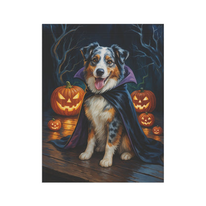 Printify Home Decor Yard Flag, Halloween Merle Australian Shepherd Dog, Vampire Pumpkins Decor, Garden Banner, House Banner, Outdoor Halloween Fall Decoration