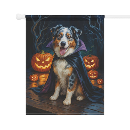 Printify Home Decor Yard Flag, Halloween Merle Australian Shepherd Dog, Vampire Pumpkins Decor, Garden Banner, House Banner, Outdoor Halloween Fall Decoration