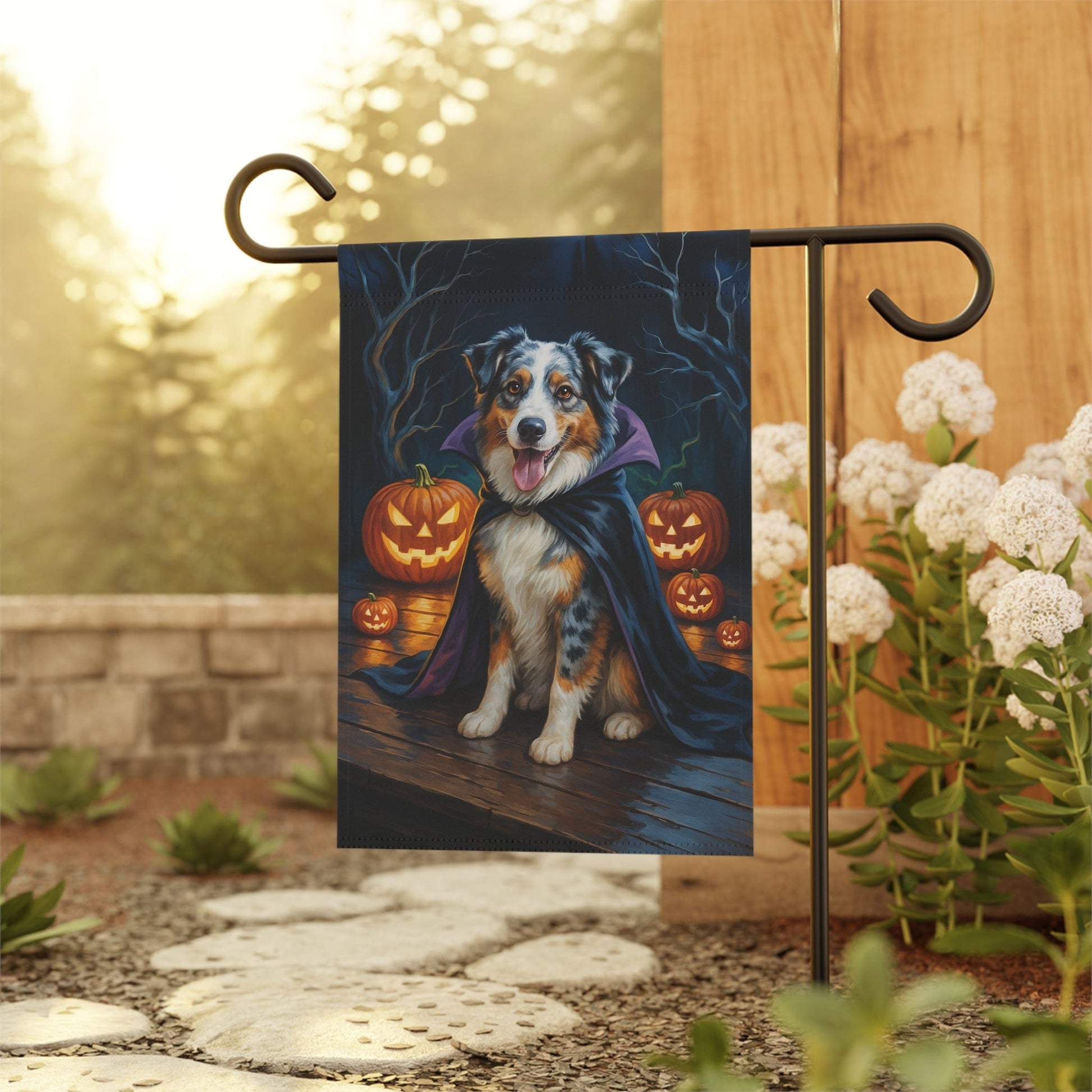 Printify Home Decor Yard Flag, Halloween Merle Australian Shepherd Dog, Vampire Pumpkins Decor, Garden Banner, House Banner, Outdoor Halloween Fall Decoration
