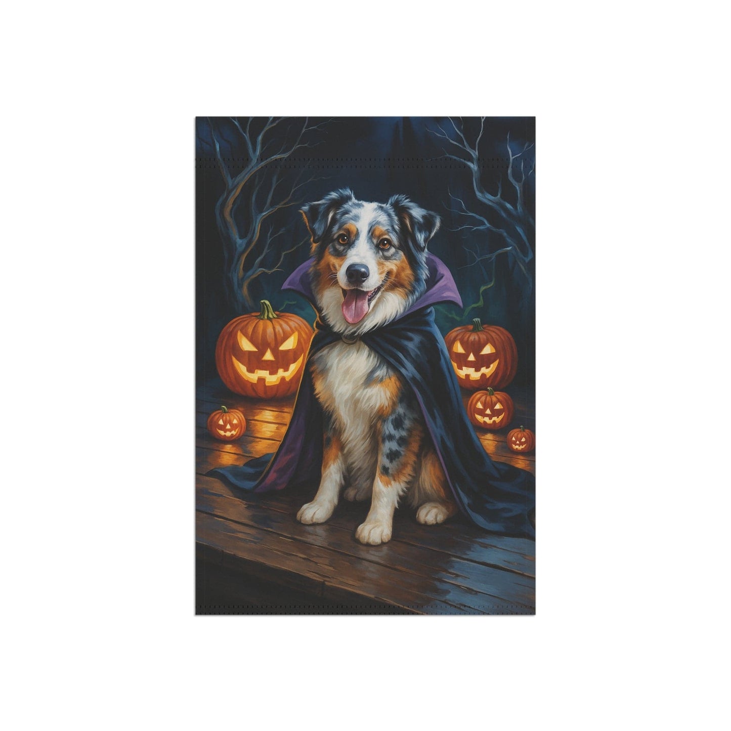 Printify Home Decor Yard Flag, Halloween Merle Australian Shepherd Dog, Vampire Pumpkins Decor, Garden Banner, House Banner, Outdoor Halloween Fall Decoration