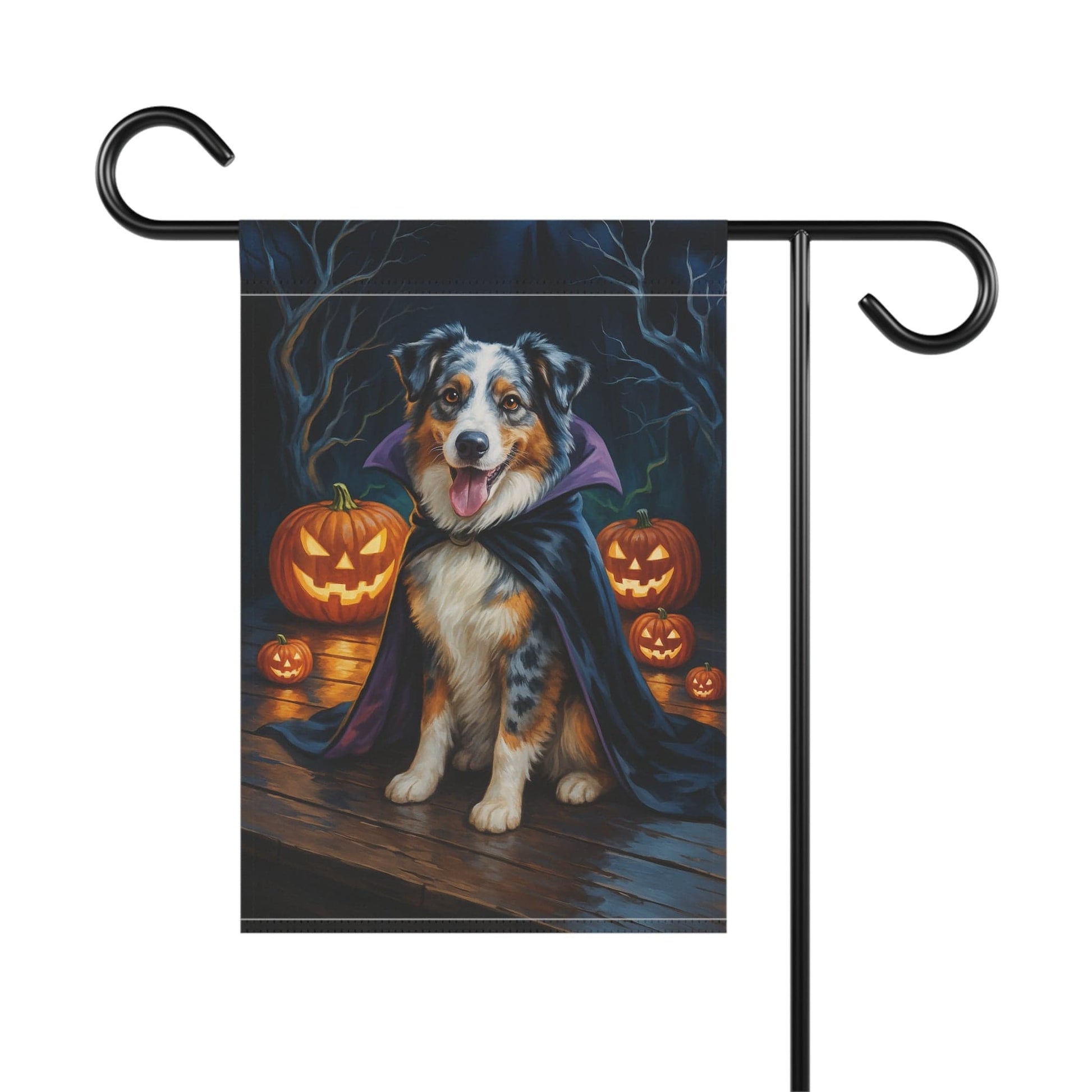 Printify Home Decor Yard Flag, Halloween Merle Australian Shepherd Dog, Vampire Pumpkins Decor, Garden Banner, House Banner, Outdoor Halloween Fall Decoration