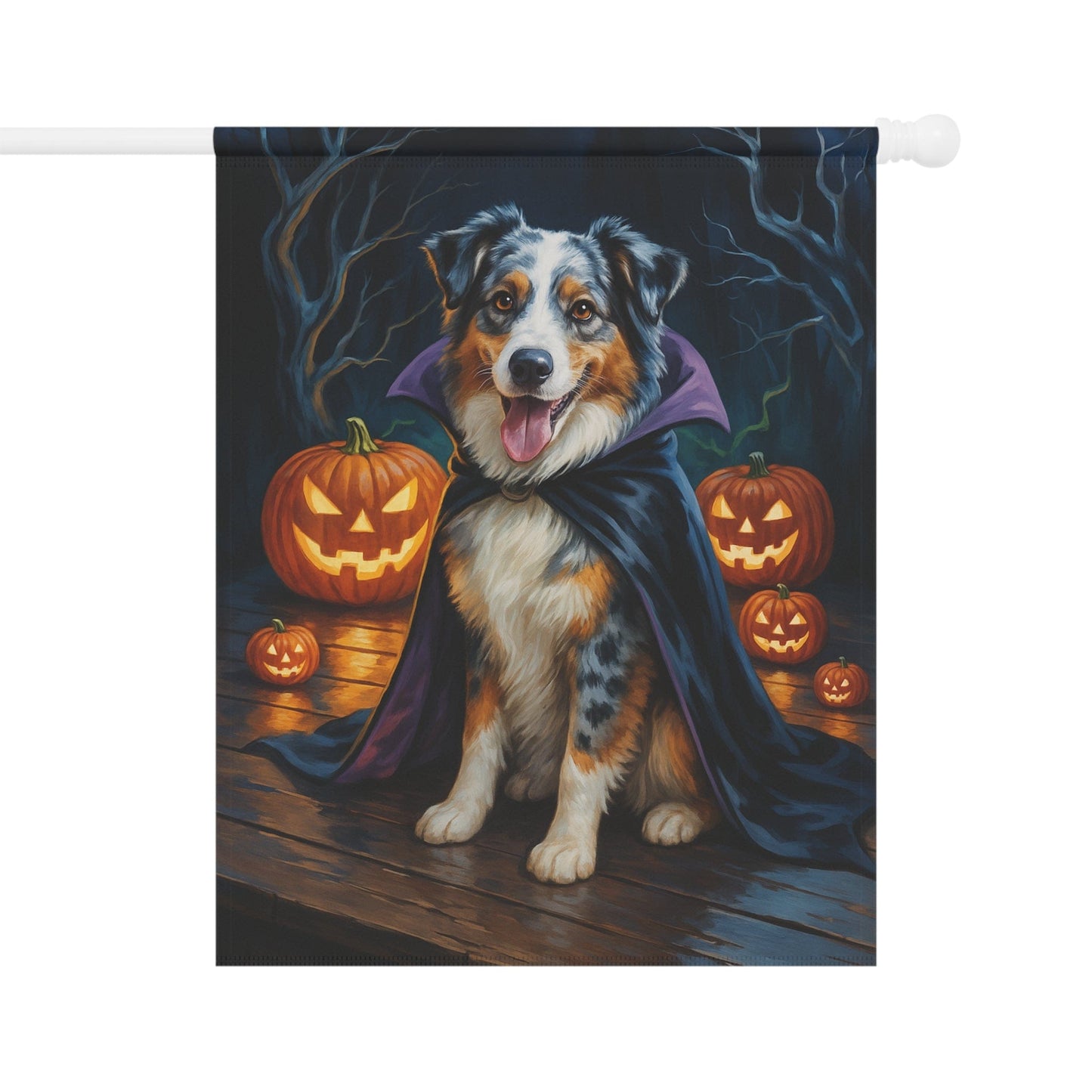 Printify Home Decor 24.5'' × 32'' Yard Flag, Halloween Merle Australian Shepherd Dog, Vampire Pumpkins Decor, Garden Banner, House Banner, Outdoor Halloween Fall Decoration