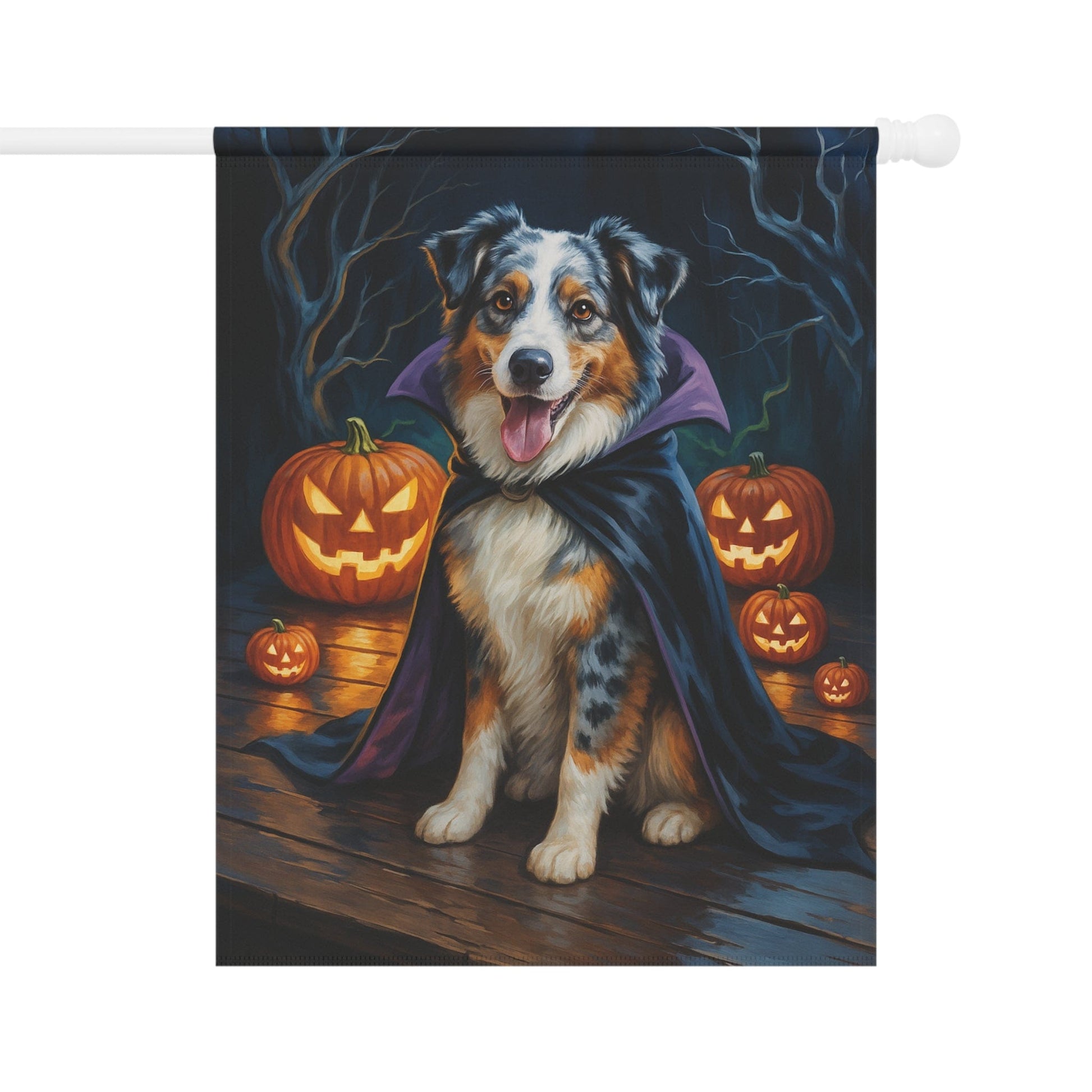Printify Home Decor 24.5'' × 32'' Yard Flag, Halloween Merle Australian Shepherd Dog, Vampire Pumpkins Decor, Garden Banner, House Banner, Outdoor Halloween Fall Decoration