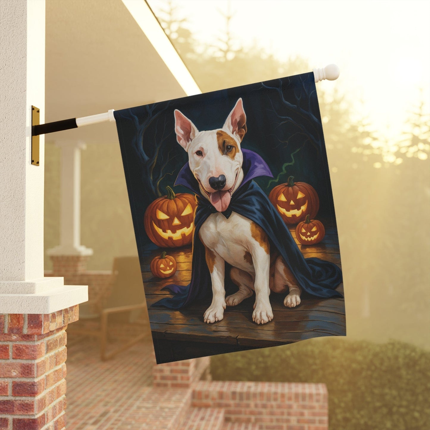 Printify Home Decor Yard Flag, Halloween Patched Bull Terrier Dog, Vampire Pumpkins Decor, Garden Banner