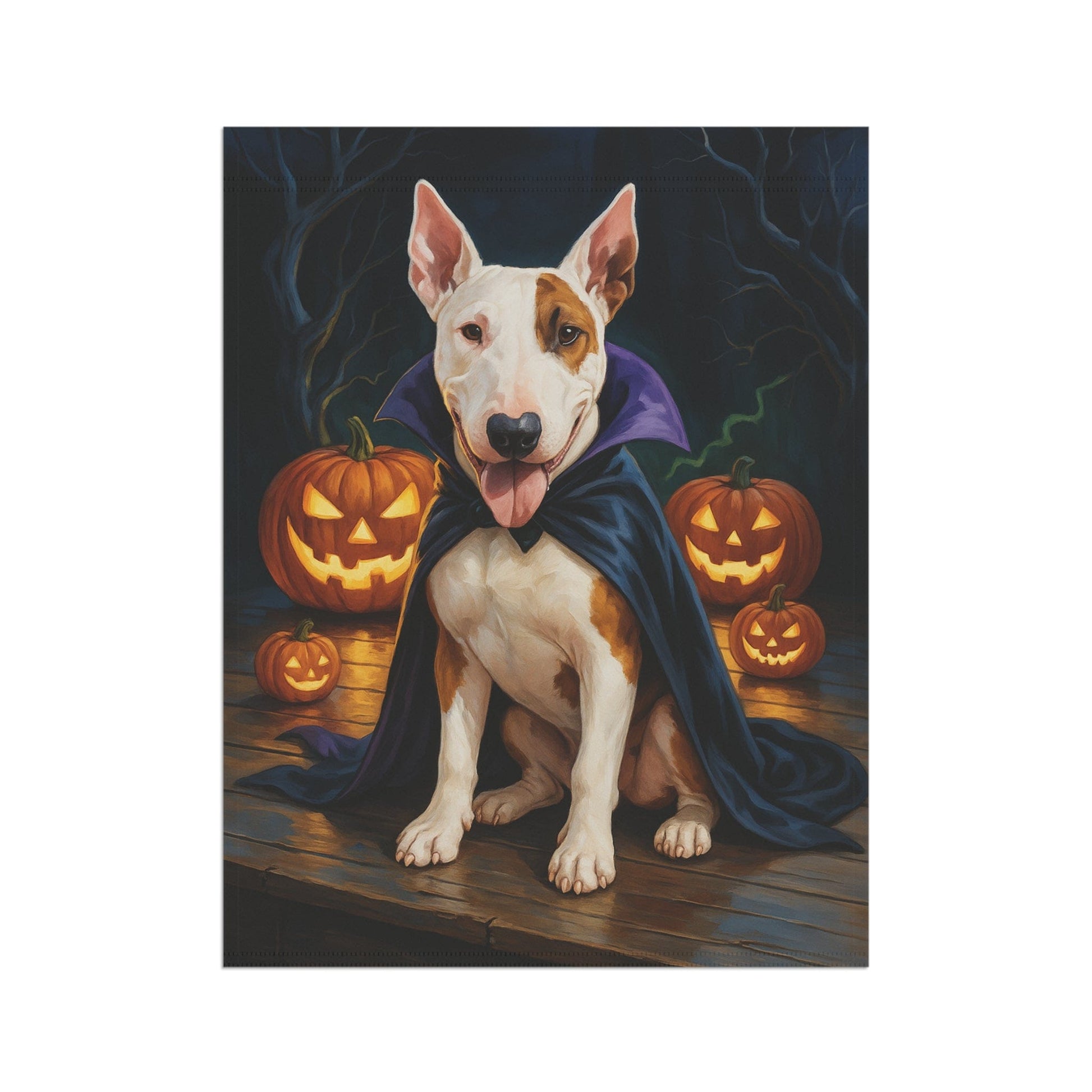 Printify Home Decor Yard Flag, Halloween Patched Bull Terrier Dog, Vampire Pumpkins Decor, Garden Banner