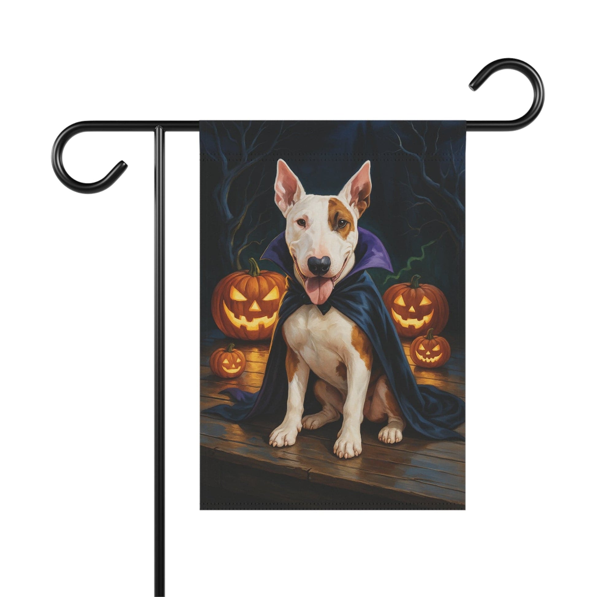 Printify Home Decor 12'' × 18'' Yard Flag, Halloween Patched Bull Terrier Dog, Vampire Pumpkins Decor, Garden Banner