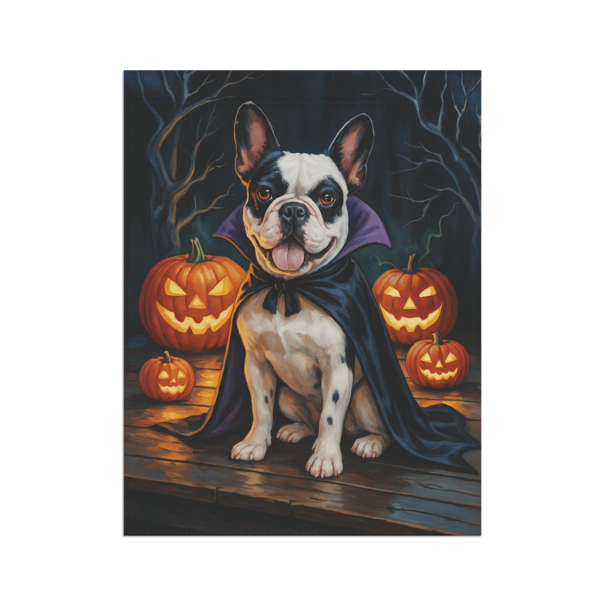 Printify Home Decor Yard Flag, Halloween Patched French Bulldog Dog, Vampire Pumpkins Decor, Garden House Banner, Outdoor Halloween Fall Art, October Yard Art