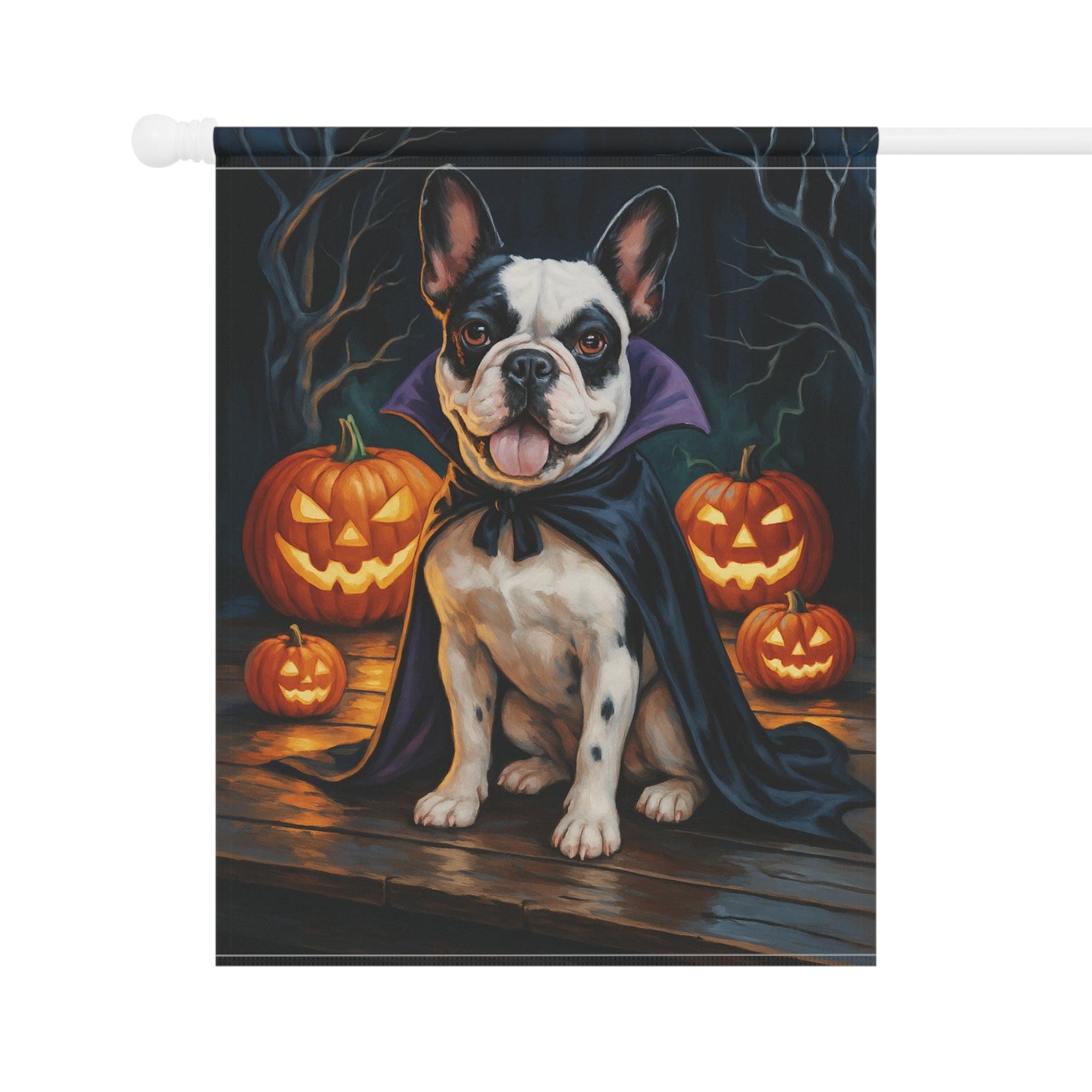 Printify Home Decor Yard Flag, Halloween Patched French Bulldog Dog, Vampire Pumpkins Decor, Garden House Banner, Outdoor Halloween Fall Art, October Yard Art