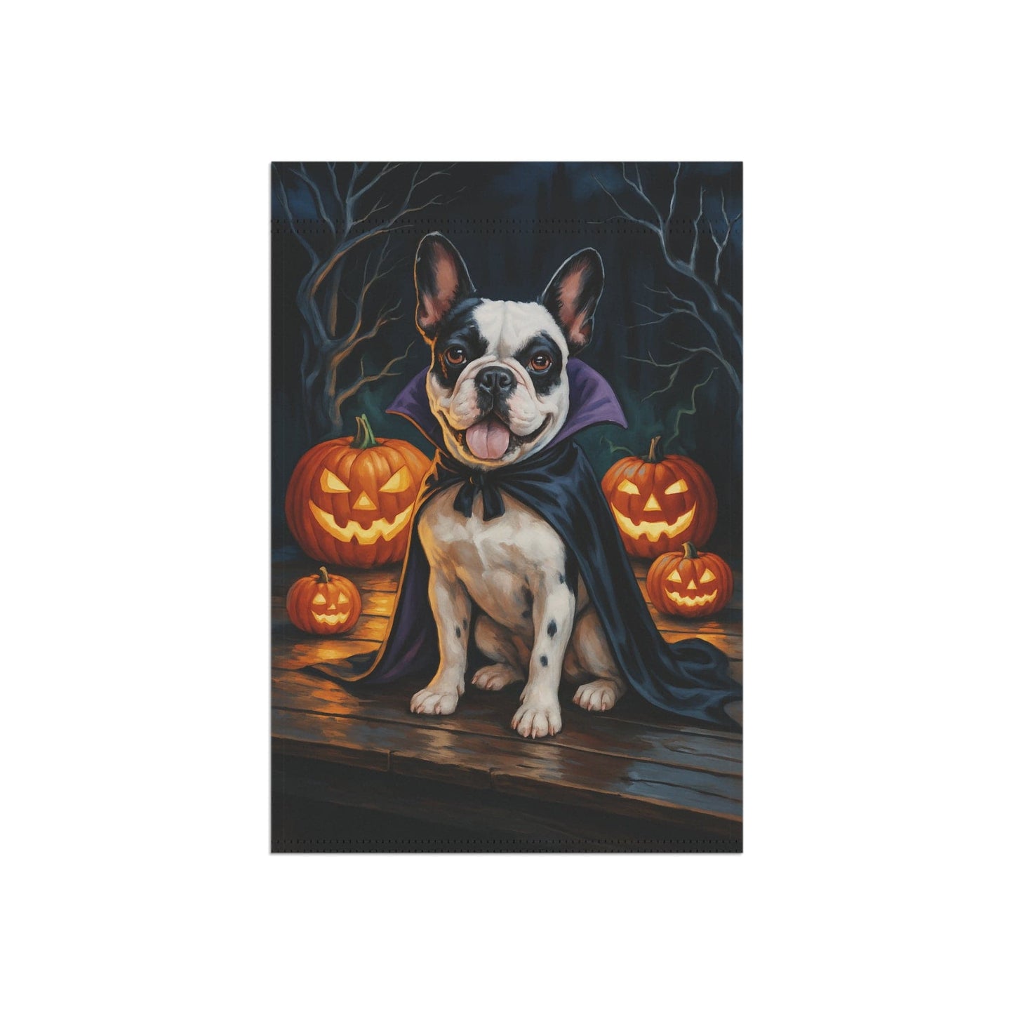 Printify Home Decor Yard Flag, Halloween Patched French Bulldog Dog, Vampire Pumpkins Decor, Garden House Banner, Outdoor Halloween Fall Art, October Yard Art
