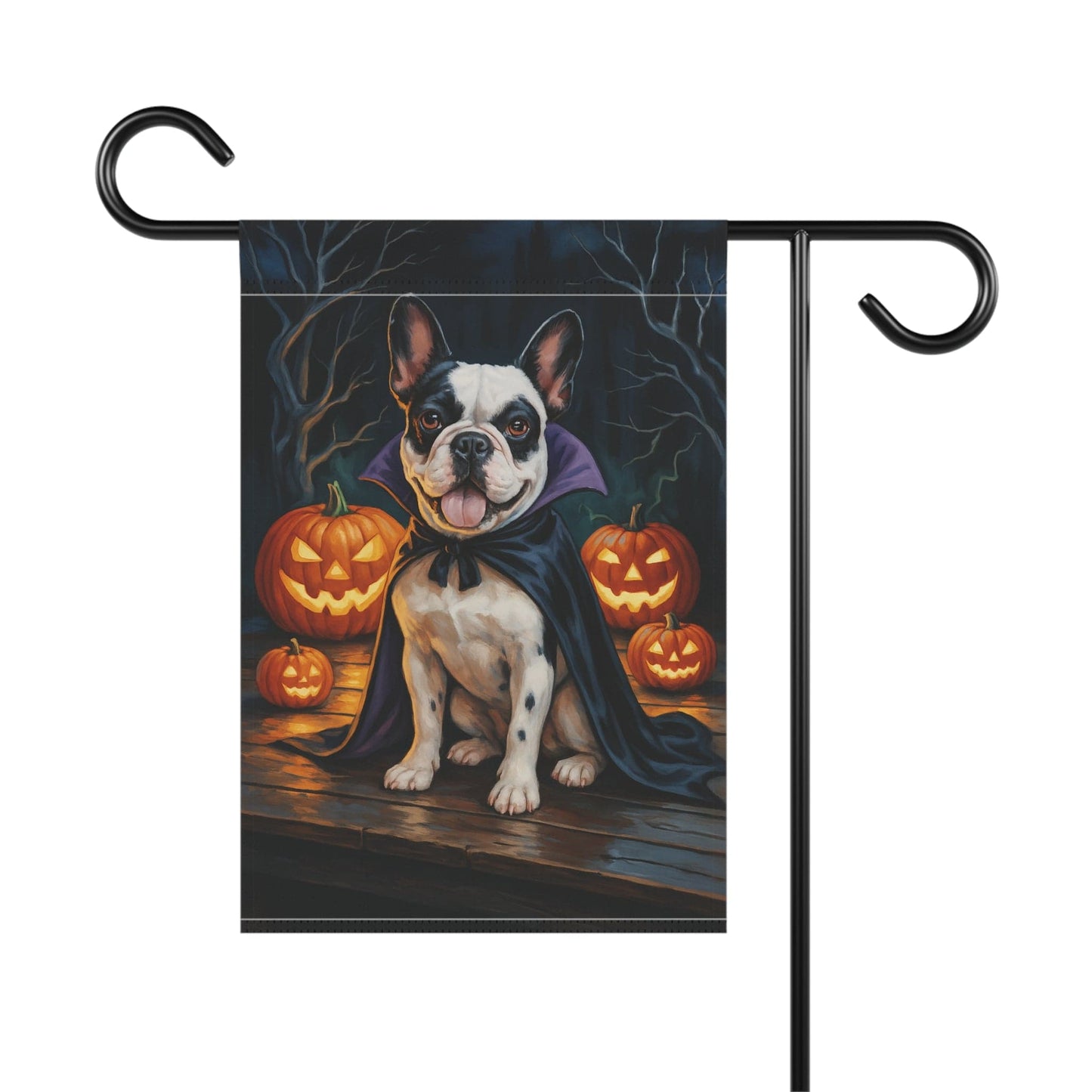 Printify Home Decor Yard Flag, Halloween Patched French Bulldog Dog, Vampire Pumpkins Decor, Garden House Banner, Outdoor Halloween Fall Art, October Yard Art