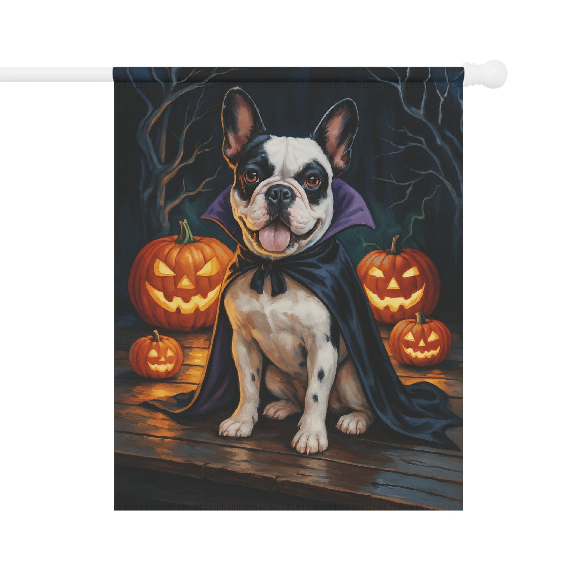 Printify Home Decor 24.5'' × 32'' Yard Flag, Halloween Patched French Bulldog Dog, Vampire Pumpkins Decor, Garden House Banner, Outdoor Halloween Fall Art, October Yard Art