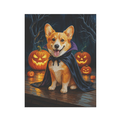 Printify Home Decor Yard Flag, Halloween Red Corgi Dog, Vampire Pumpkins Decor, Garden House Banner, Outdoor Halloween Fall Art, October Yard Art