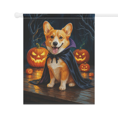 Printify Home Decor Yard Flag, Halloween Red Corgi Dog, Vampire Pumpkins Decor, Garden House Banner, Outdoor Halloween Fall Art, October Yard Art