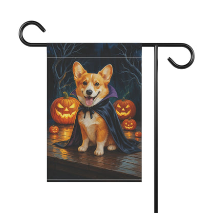 Printify Home Decor Yard Flag, Halloween Red Corgi Dog, Vampire Pumpkins Decor, Garden House Banner, Outdoor Halloween Fall Art, October Yard Art