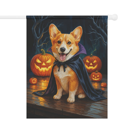 Printify Home Decor 24.5'' × 32'' Yard Flag, Halloween Red Corgi Dog, Vampire Pumpkins Decor, Garden House Banner, Outdoor Halloween Fall Art, October Yard Art