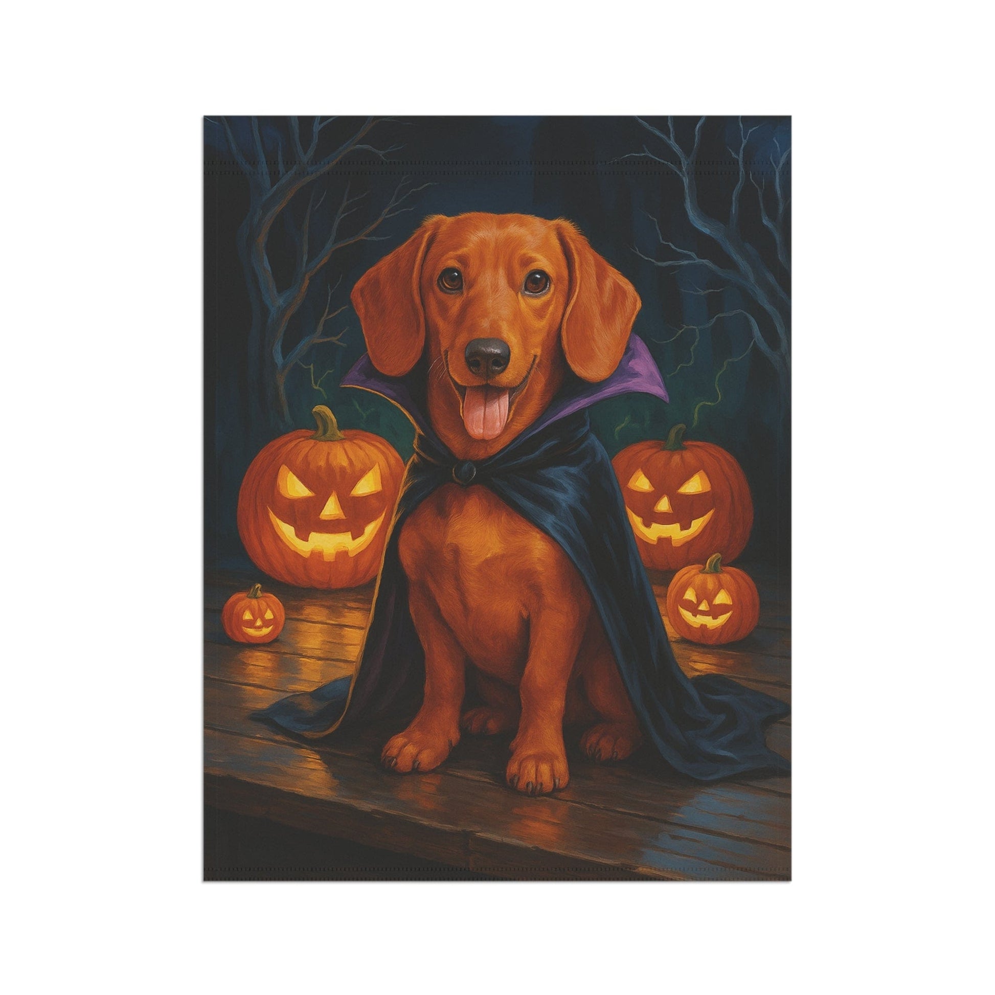 Printify Home Decor Yard Flag, Halloween Red Dachshund Dog, Vampire Pumpkins Decor, Garden House Banner