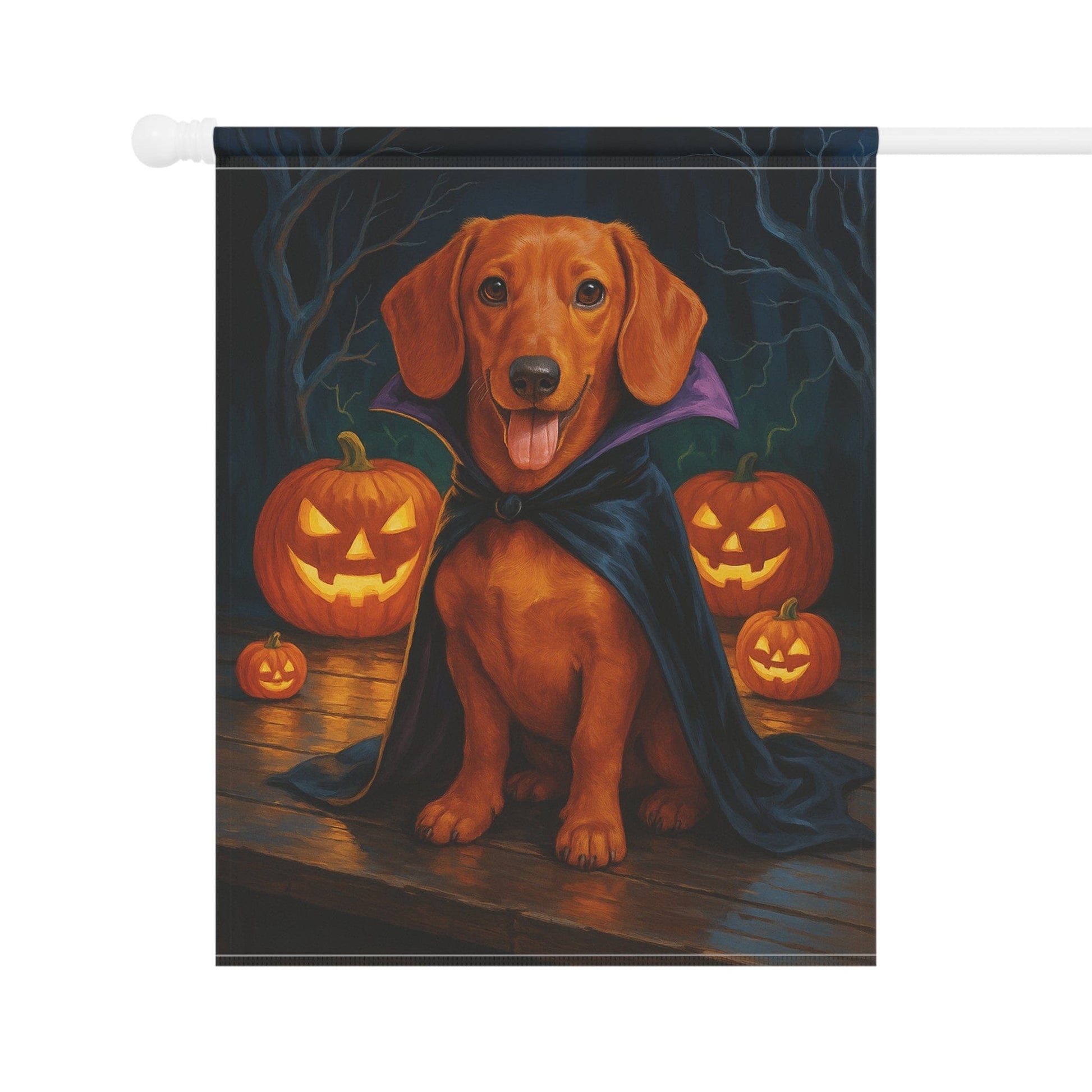 Printify Home Decor Yard Flag, Halloween Red Dachshund Dog, Vampire Pumpkins Decor, Garden House Banner