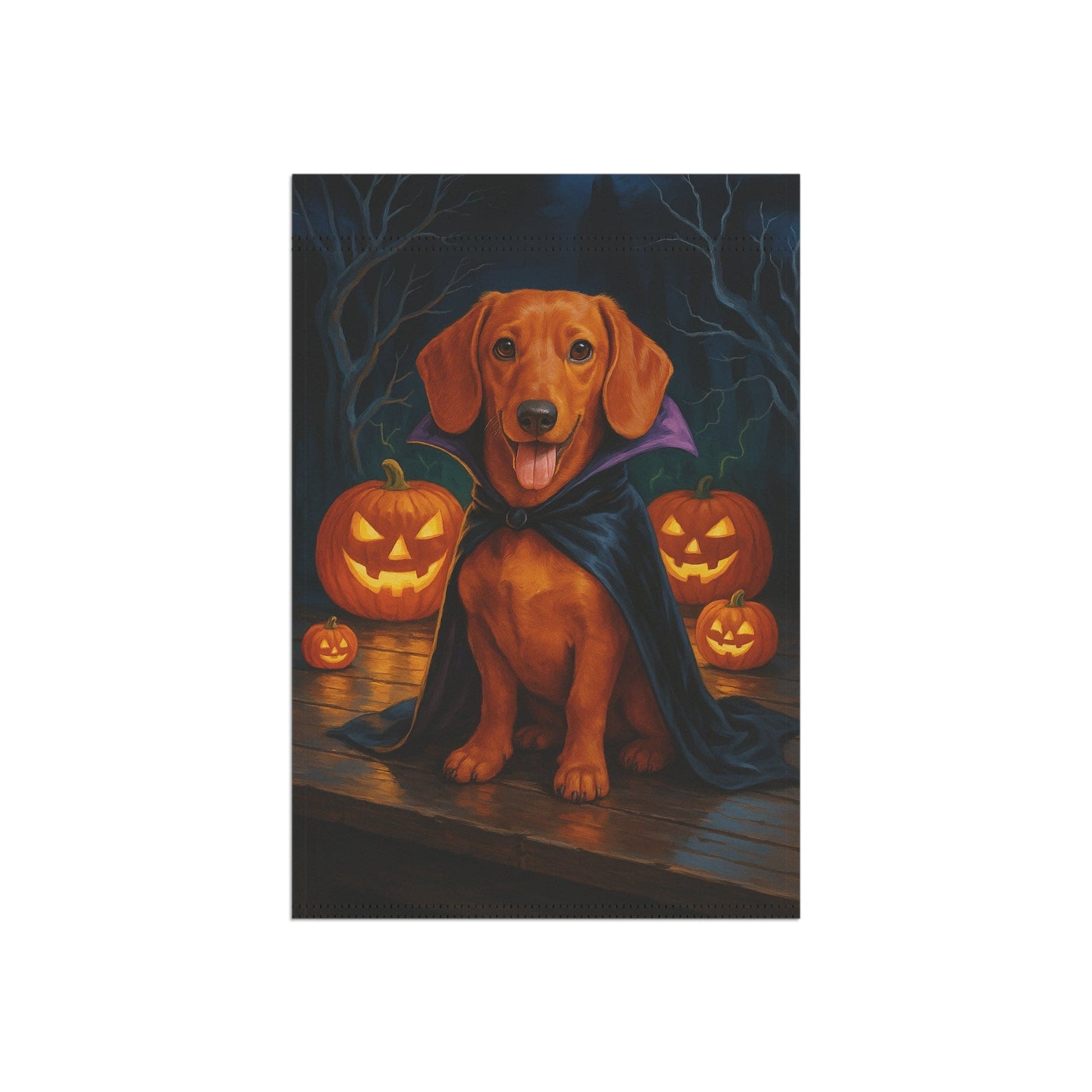 Printify Home Decor Yard Flag, Halloween Red Dachshund Dog, Vampire Pumpkins Decor, Garden House Banner