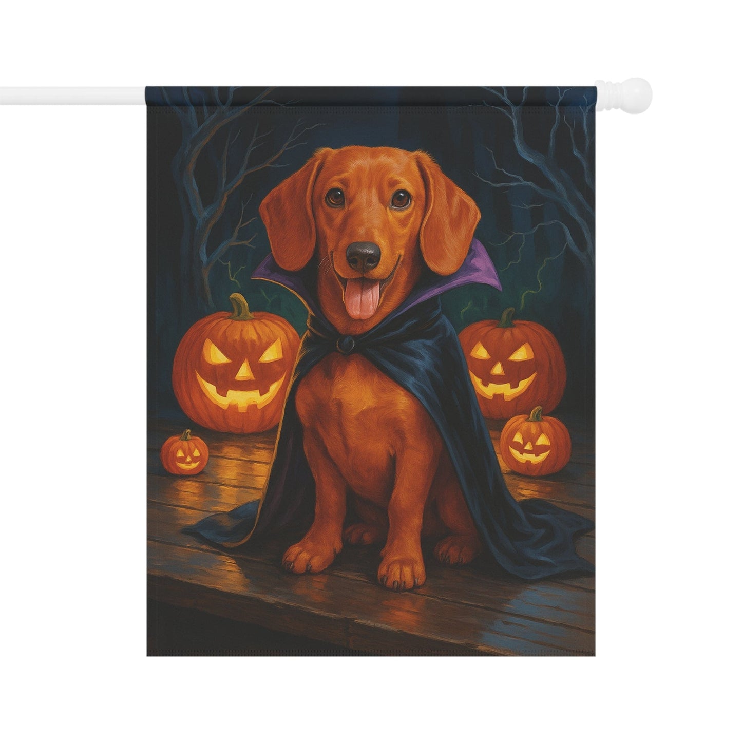 Printify Home Decor 24.5'' × 32'' Yard Flag, Halloween Red Dachshund Dog, Vampire Pumpkins Decor, Garden House Banner