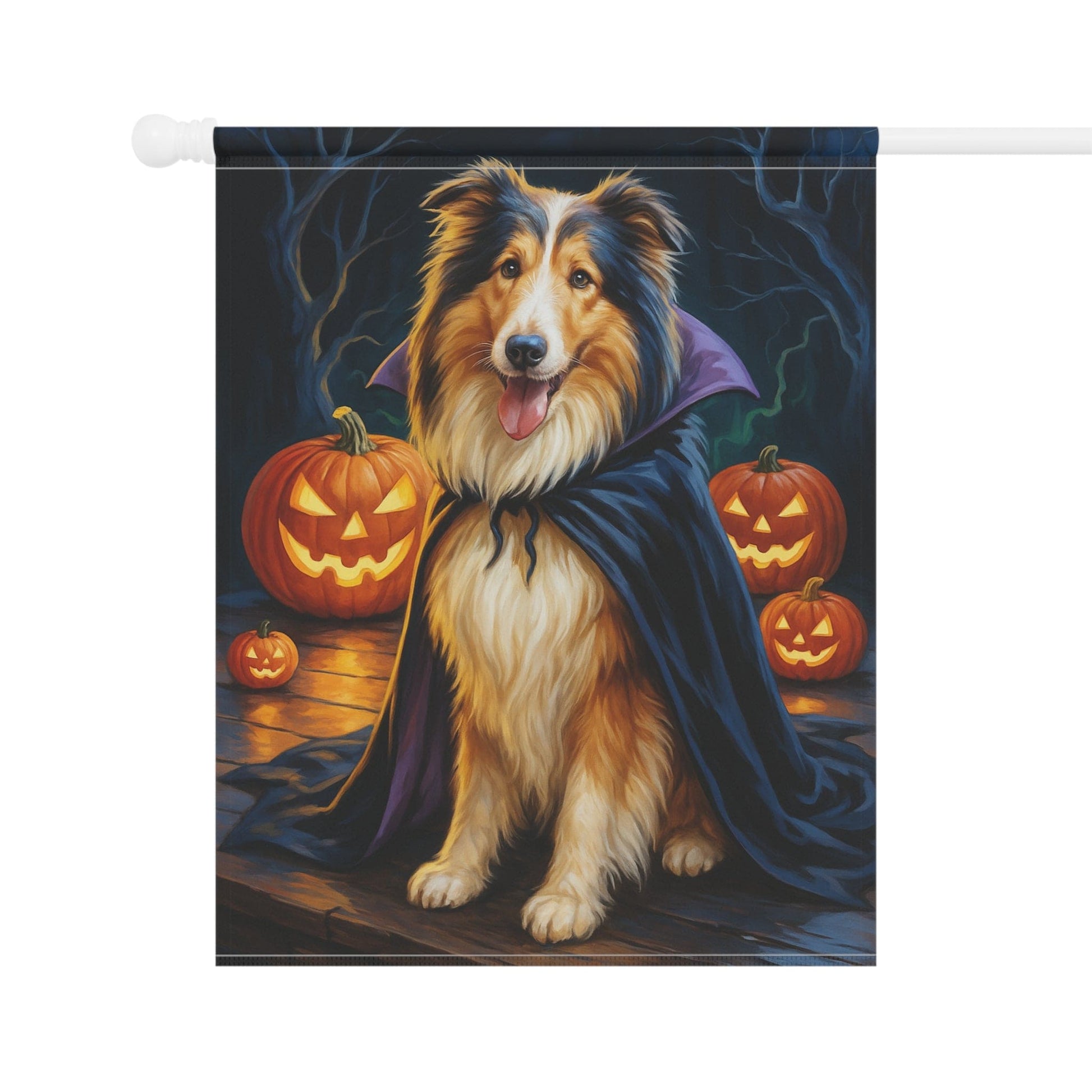Printify Home Decor Yard Flag, Halloween Rough Collie Dog, Vampire Pumpkins Decor, Garden House Banner, Outdoor Halloween Fall Art, October Yard Art