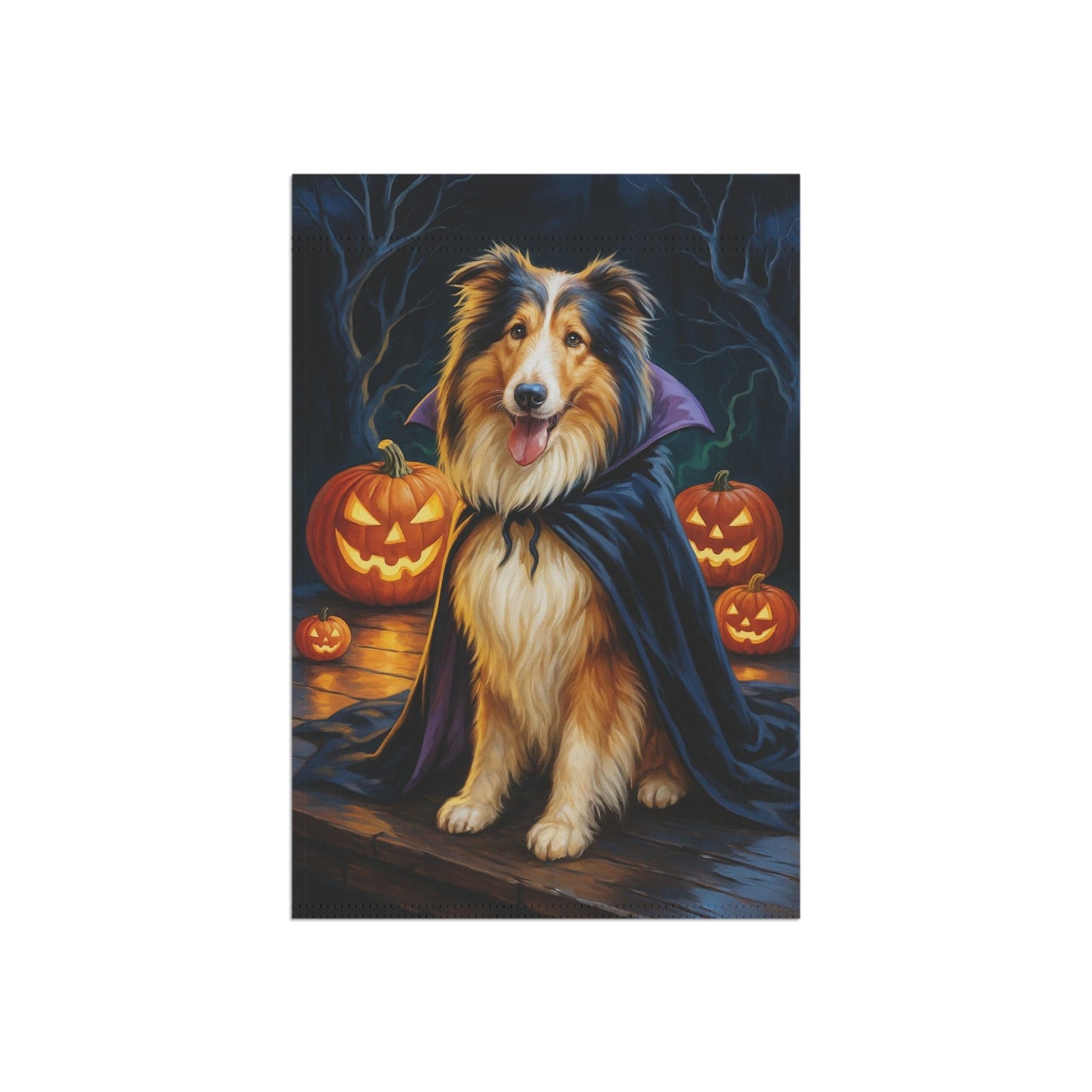 Printify Home Decor Yard Flag, Halloween Rough Collie Dog, Vampire Pumpkins Decor, Garden House Banner, Outdoor Halloween Fall Art, October Yard Art