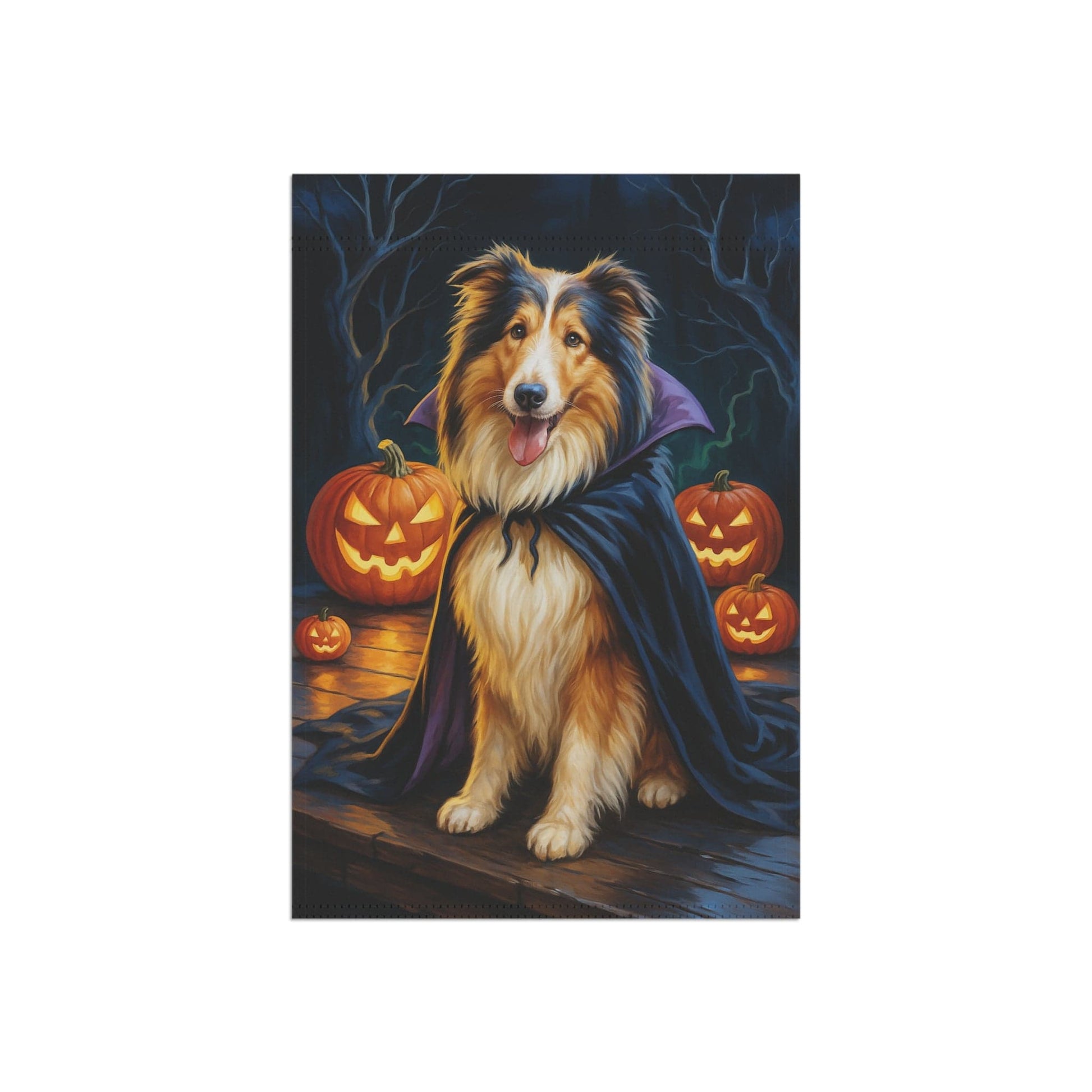 Printify Home Decor Yard Flag, Halloween Rough Collie Dog, Vampire Pumpkins Decor, Garden House Banner, Outdoor Halloween Fall Art, October Yard Art