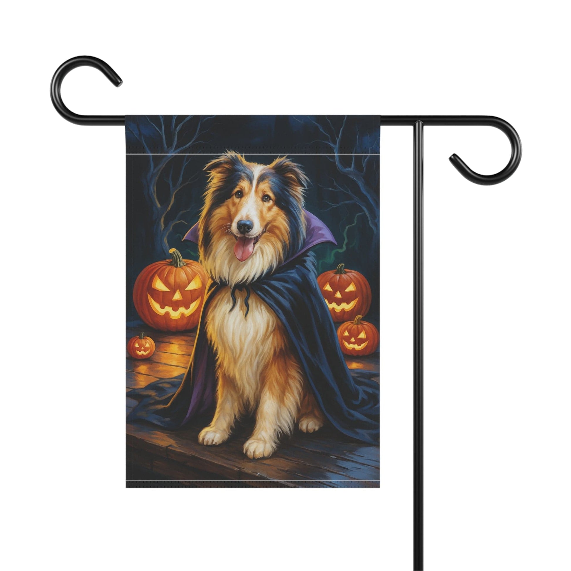 Printify Home Decor Yard Flag, Halloween Rough Collie Dog, Vampire Pumpkins Decor, Garden House Banner, Outdoor Halloween Fall Art, October Yard Art
