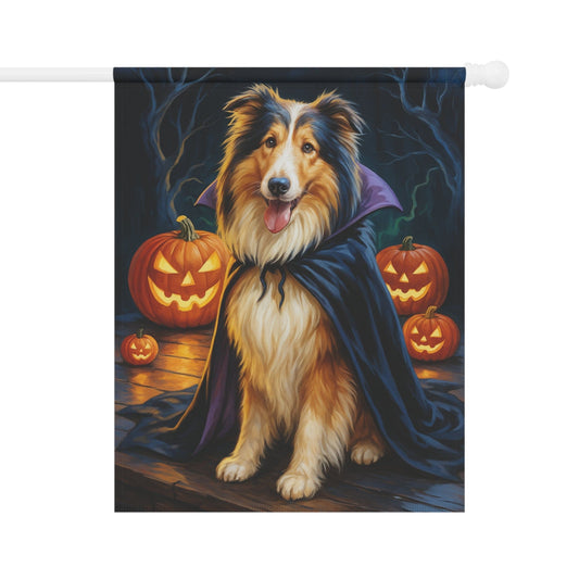Printify Home Decor 24.5'' × 32'' Yard Flag, Halloween Rough Collie Dog, Vampire Pumpkins Decor, Garden House Banner, Outdoor Halloween Fall Art, October Yard Art