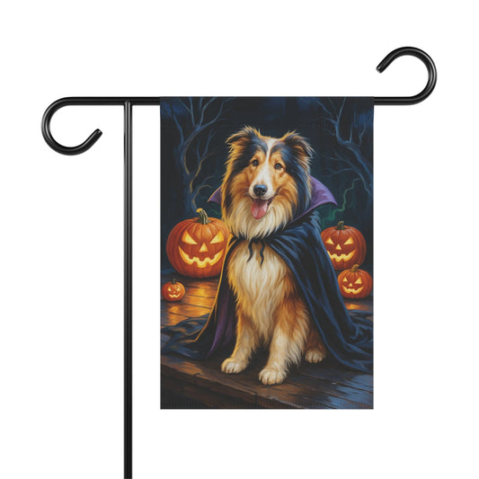 Printify Home Decor 12'' × 18'' Yard Flag, Halloween Rough Collie Dog, Vampire Pumpkins Decor, Garden House Banner, Outdoor Halloween Fall Art, October Yard Art