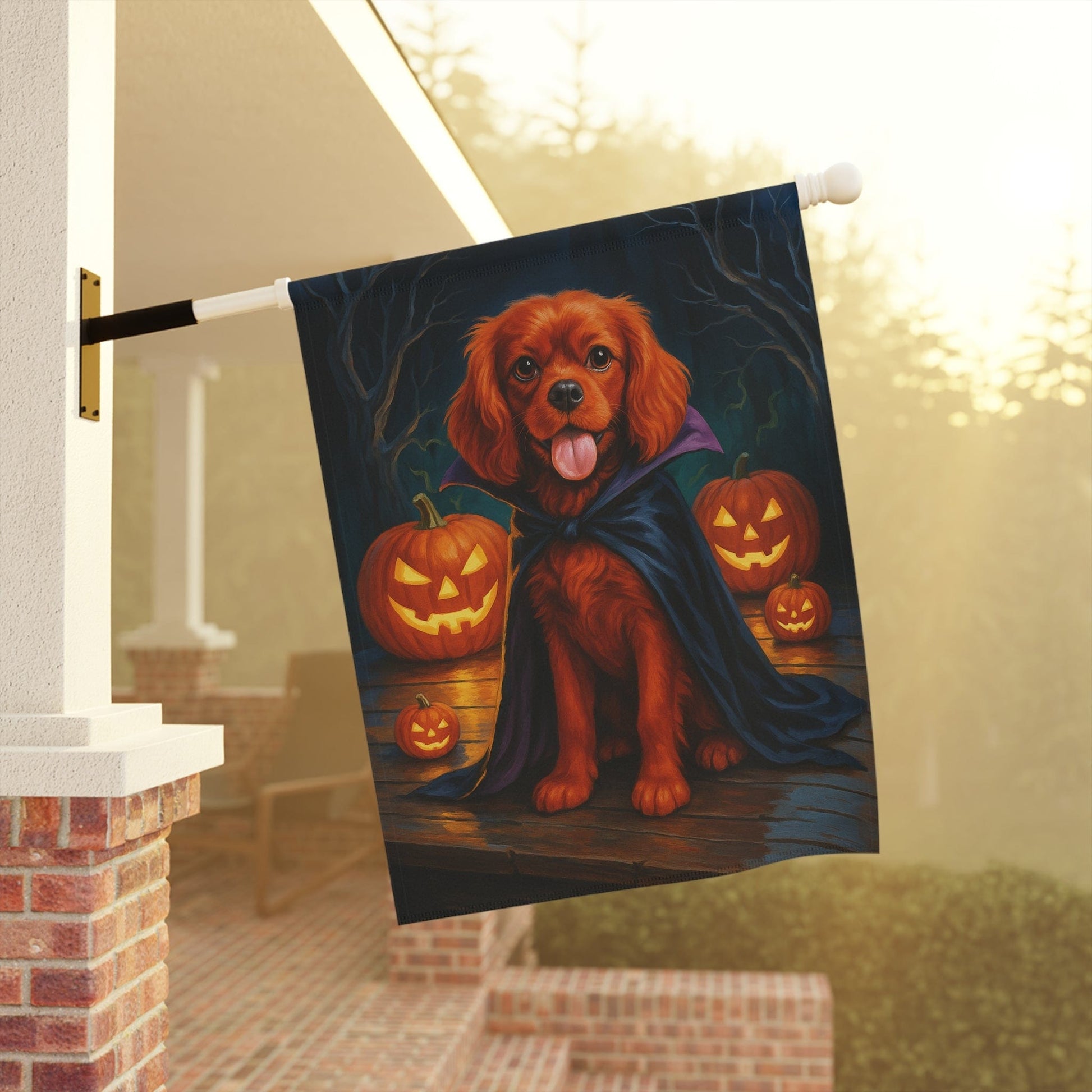 Printify Home Decor Yard Flag, Halloween Ruby King Charles Cavalier Spaniel Dog, Vampire Pumpkins Decor