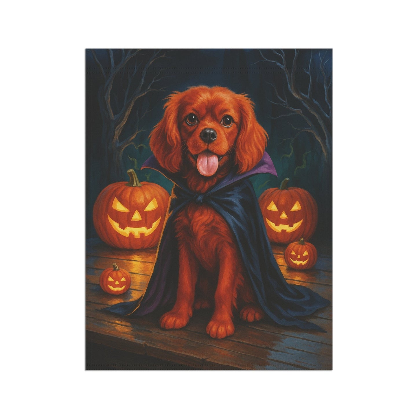 Printify Home Decor Yard Flag, Halloween Ruby King Charles Cavalier Spaniel Dog, Vampire Pumpkins Decor