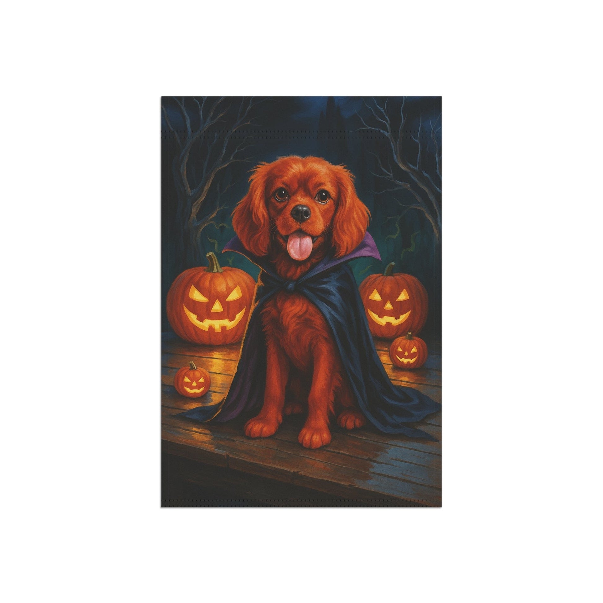 Printify Home Decor Yard Flag, Halloween Ruby King Charles Cavalier Spaniel Dog, Vampire Pumpkins Decor