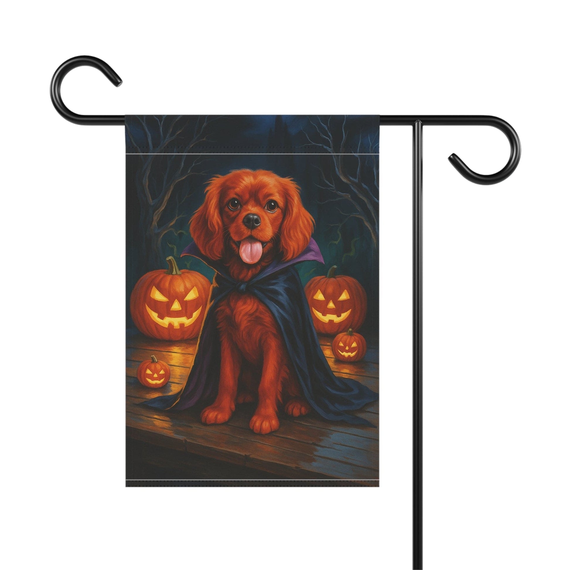 Printify Home Decor Yard Flag, Halloween Ruby King Charles Cavalier Spaniel Dog, Vampire Pumpkins Decor
