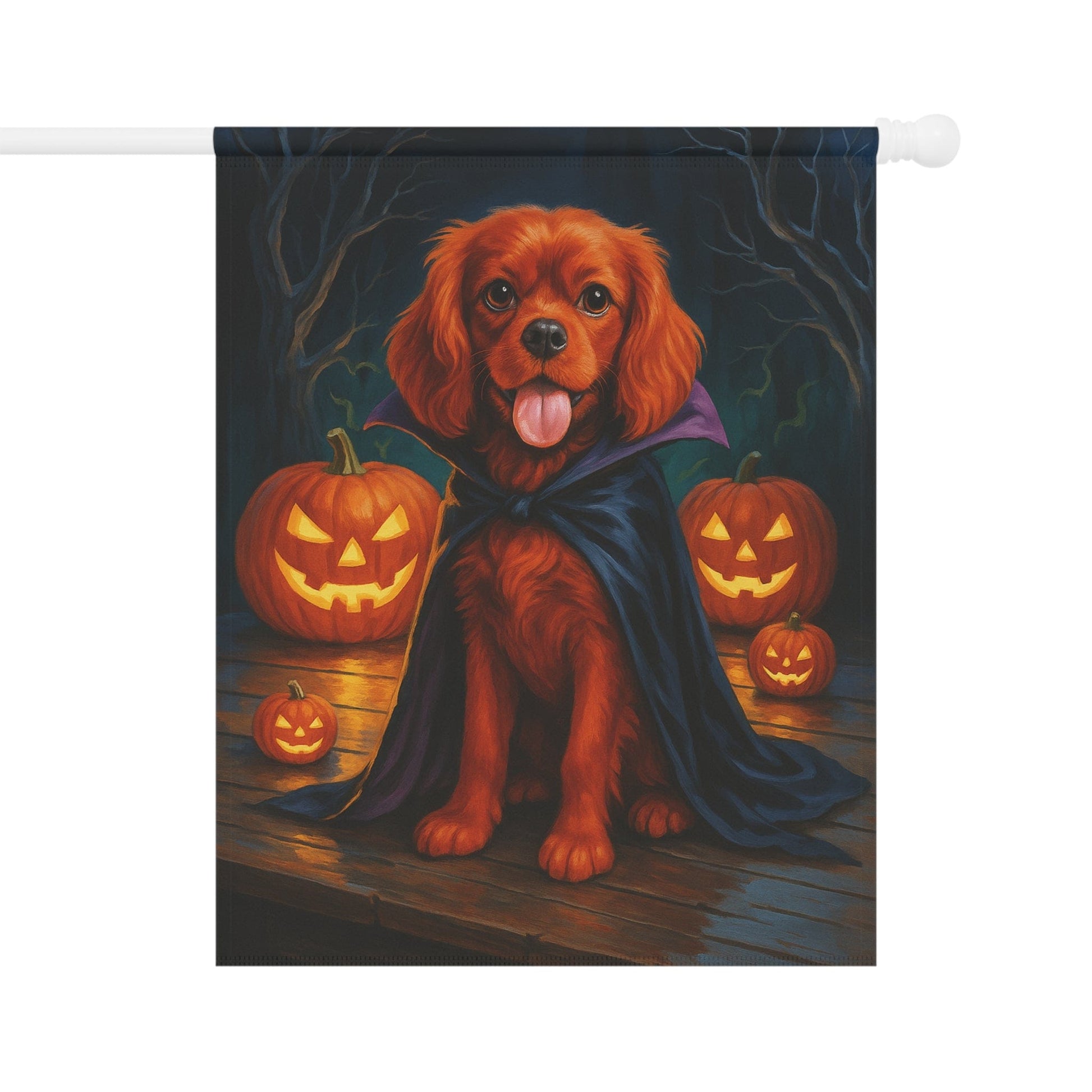 Printify Home Decor 24.5'' × 32'' Yard Flag, Halloween Ruby King Charles Cavalier Spaniel Dog, Vampire Pumpkins Decor