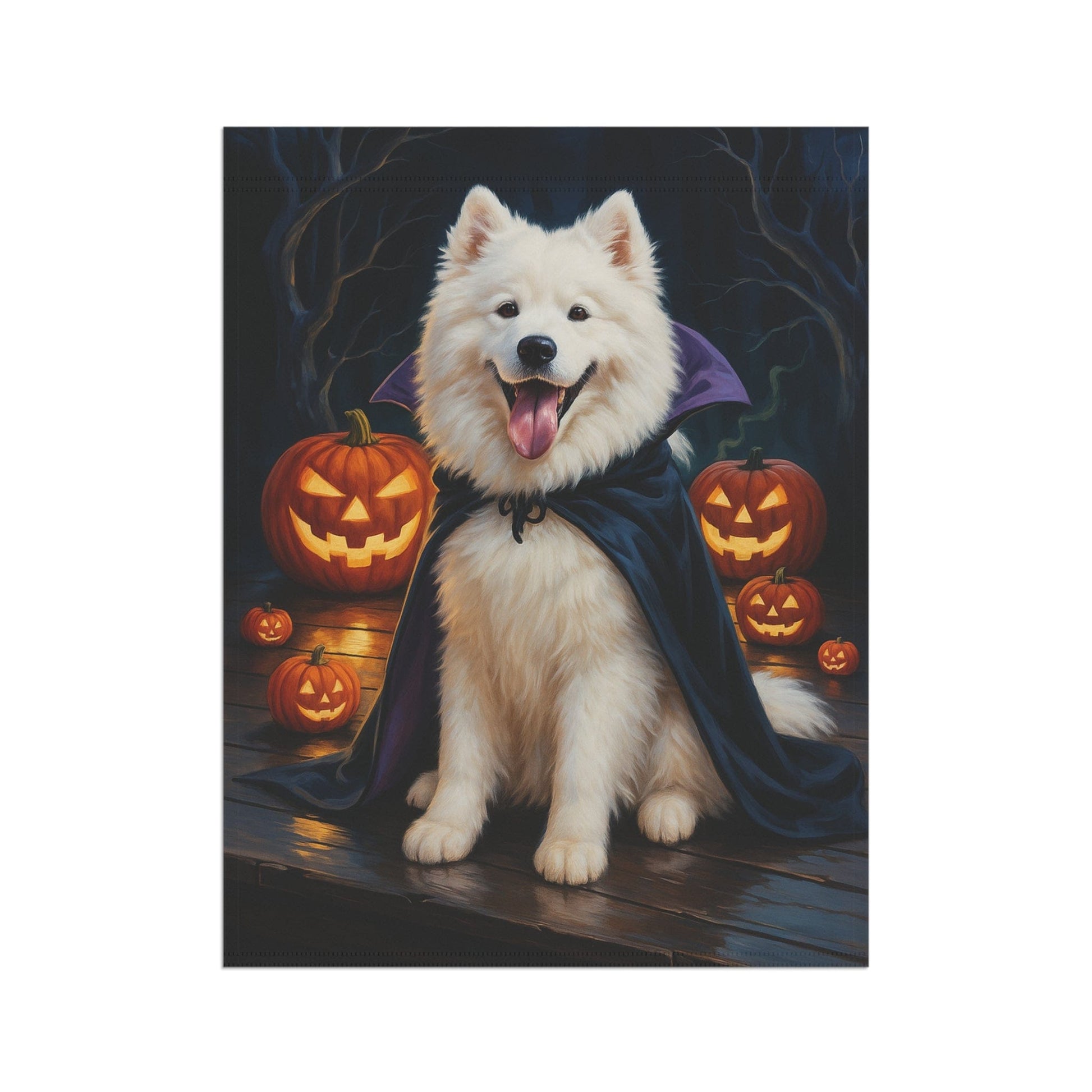 Printify Home Decor Yard Flag, Halloween Samoyed Dog, Vampire Pumpkins Decor, Garden House Banner, Outdoor Halloween Fall Art, October Yard Art