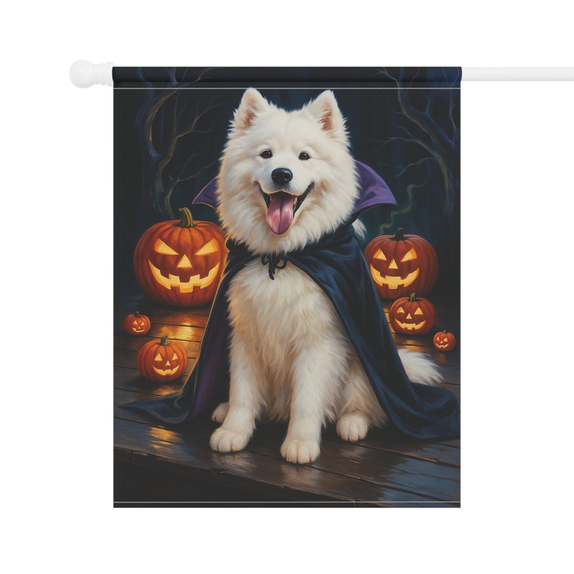 Printify Home Decor Yard Flag, Halloween Samoyed Dog, Vampire Pumpkins Decor, Garden House Banner, Outdoor Halloween Fall Art, October Yard Art