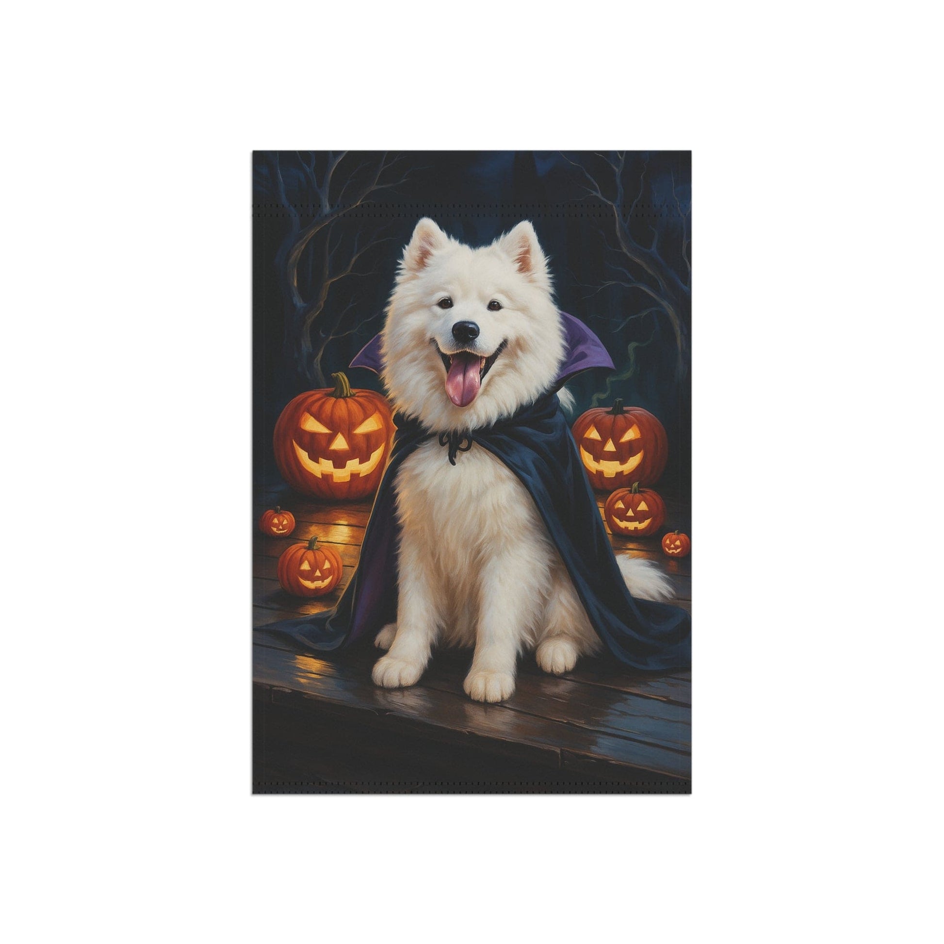 Printify Home Decor Yard Flag, Halloween Samoyed Dog, Vampire Pumpkins Decor, Garden House Banner, Outdoor Halloween Fall Art, October Yard Art