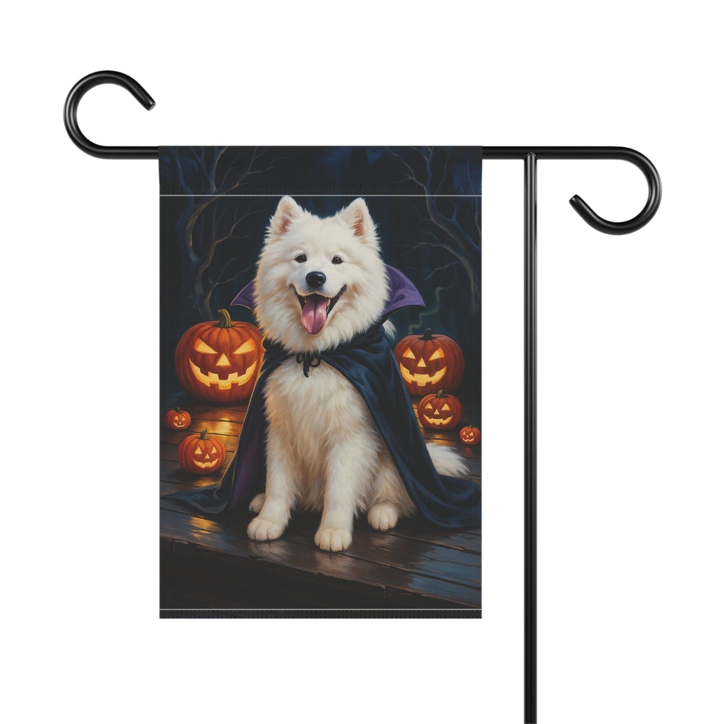 Printify Home Decor Yard Flag, Halloween Samoyed Dog, Vampire Pumpkins Decor, Garden House Banner, Outdoor Halloween Fall Art, October Yard Art