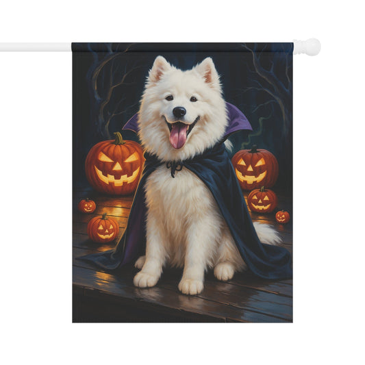 Printify Home Decor 24.5'' × 32'' Yard Flag, Halloween Samoyed Dog, Vampire Pumpkins Decor, Garden House Banner, Outdoor Halloween Fall Art, October Yard Art