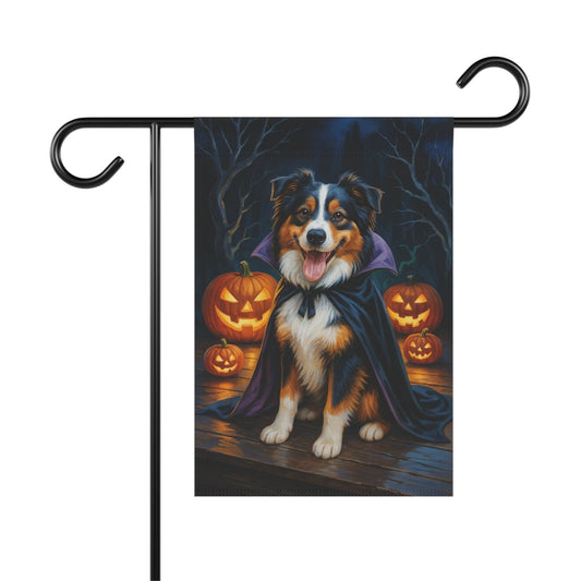 Printify Home Decor 12'' × 18'' Yard Flag, Halloween Tricolor Australian Shepherd Dog, Vampire Pumpkins Decor, Garden House Banner, Outdoor Halloween Fall Decoration