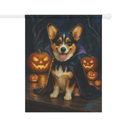 Printify Home Decor 24.5'' × 32'' Yard Flag, Halloween Tricolor Corgi Dog, Vampire Pumpkins Decor, Garden House Banner
